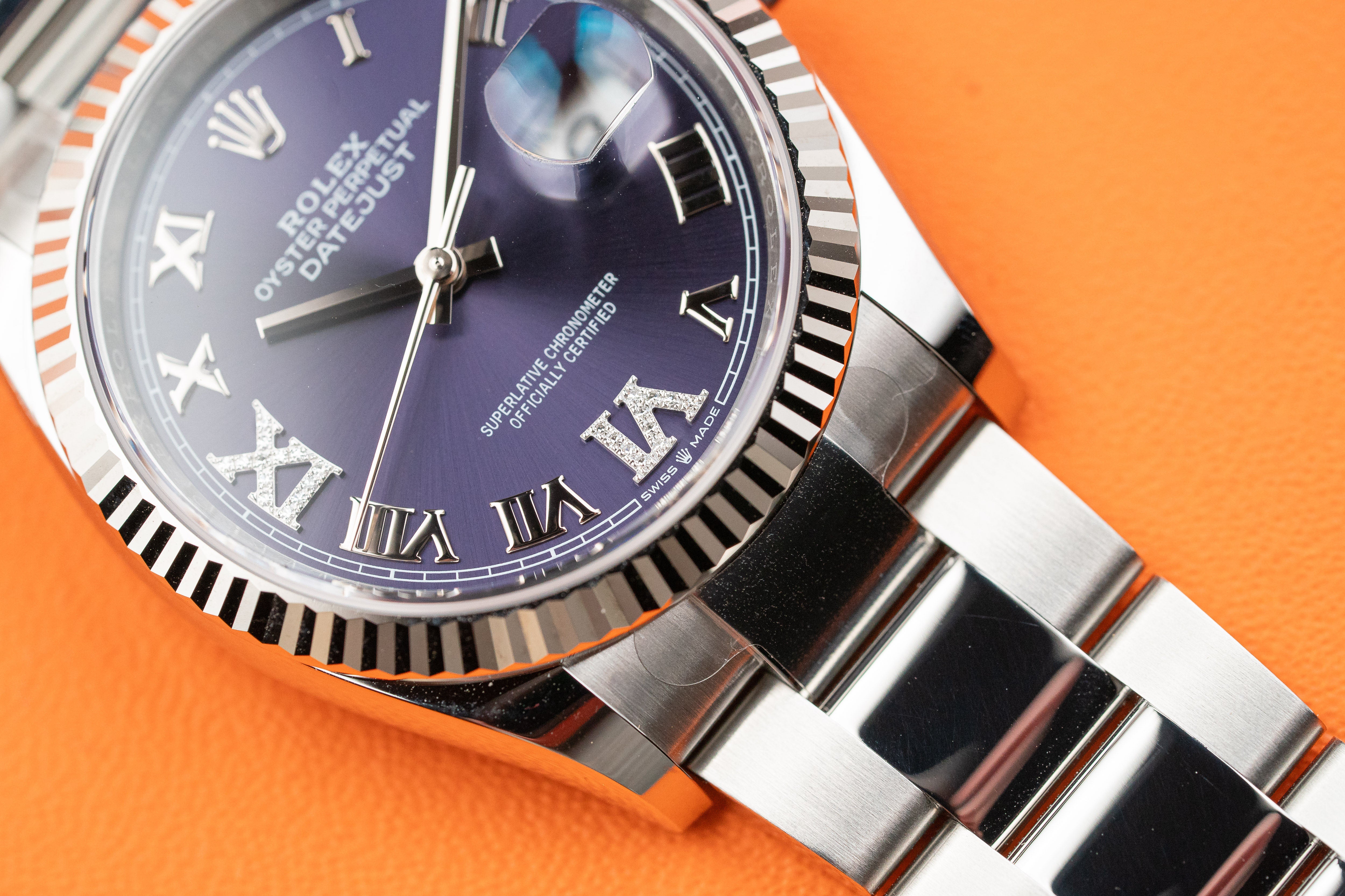 Rolex Datejust 126234 36mm Fluted Bezel Aubergine Purple Diamond Roman VI and IX Dial Oyster Bracelet