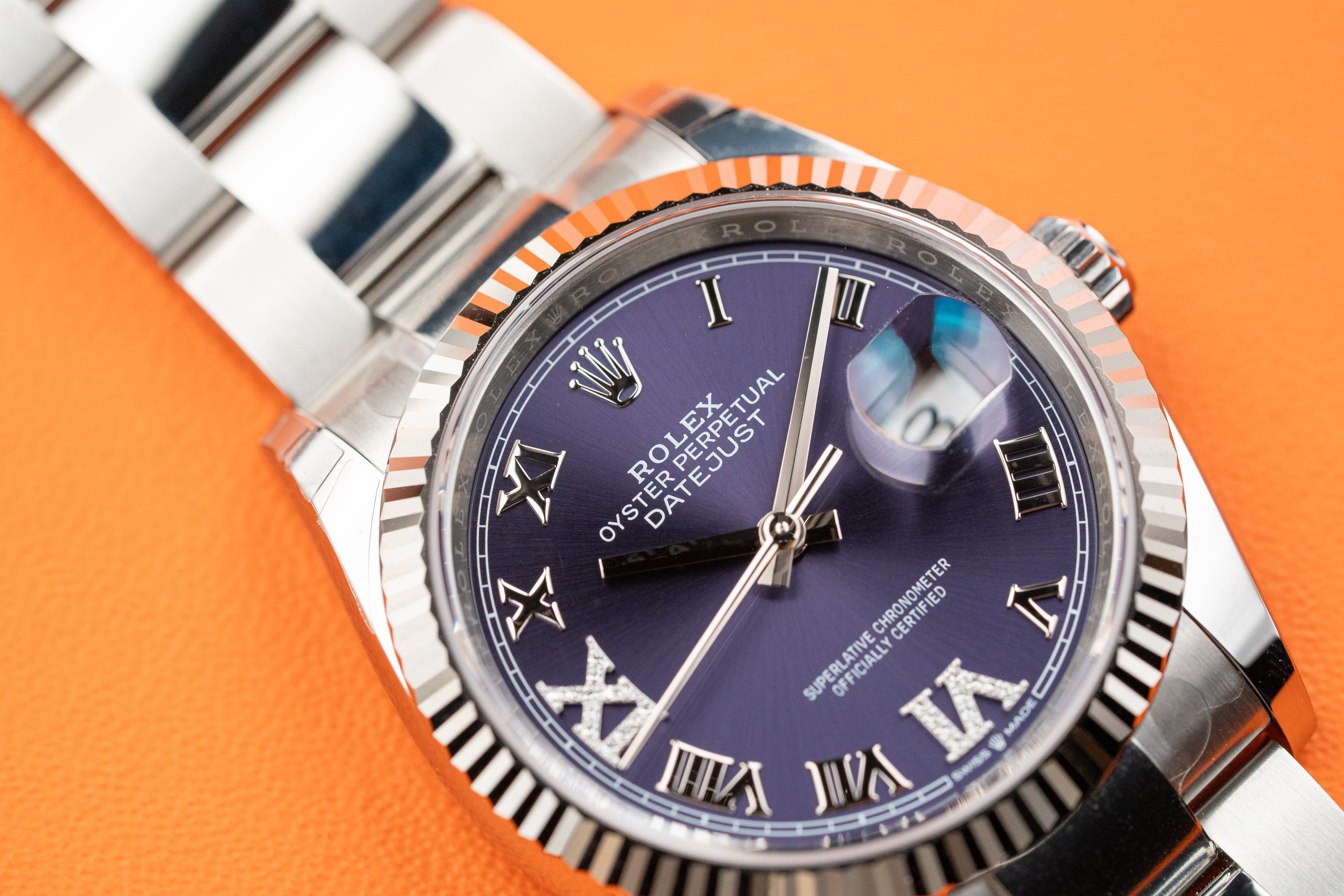 Rolex Datejust 126234 36mm Fluted Bezel Aubergine Purple Diamond Roman VI and IX Dial Oyster Bracelet