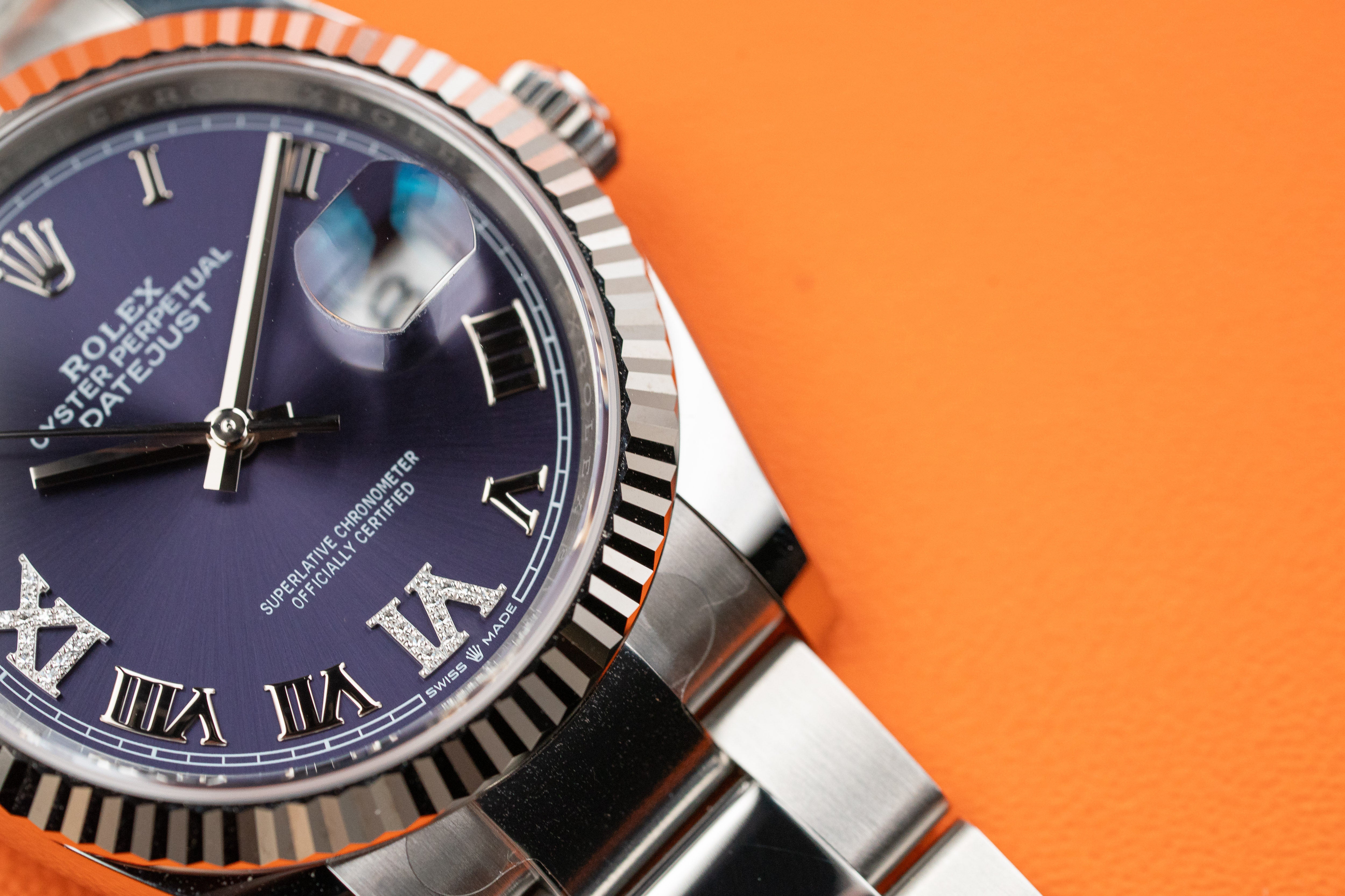 Rolex Datejust 126234 36mm Fluted Bezel Aubergine Purple Diamond Roman VI and IX Dial Oyster Bracelet