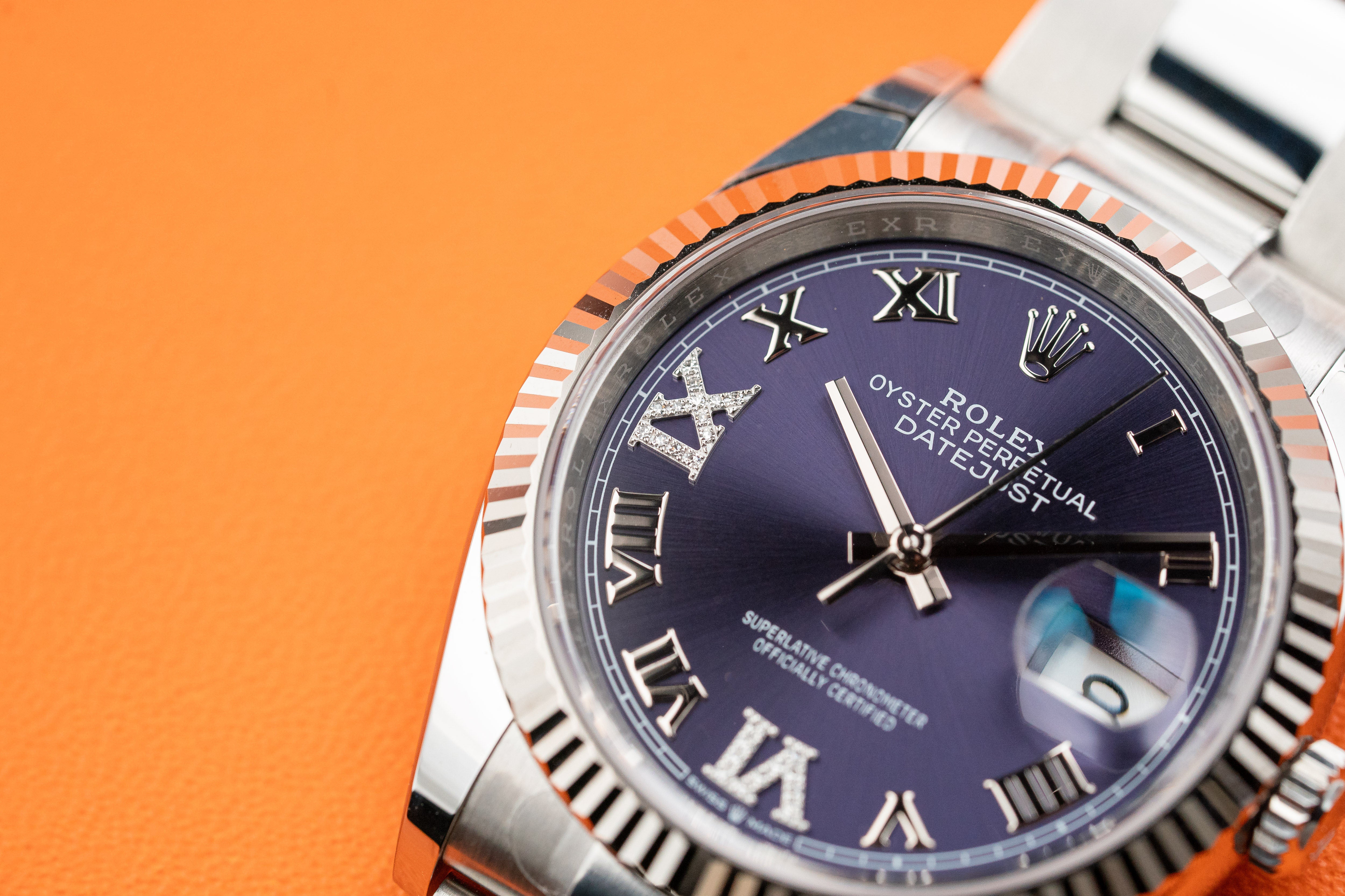 Rolex Datejust 126234 36mm Fluted Bezel Aubergine Purple Diamond Roman VI and IX Dial Oyster Bracelet