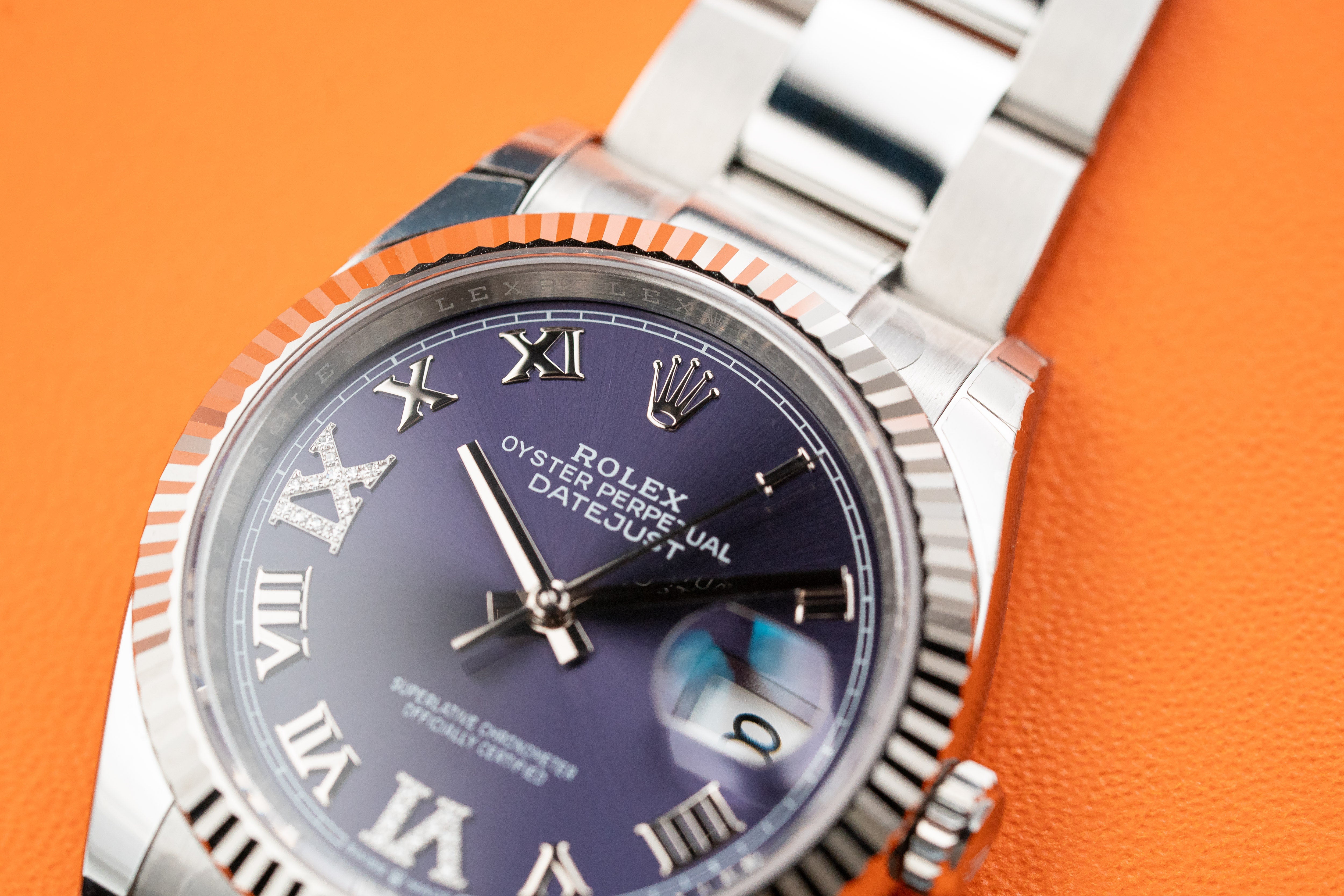 Rolex Datejust 126234 36mm Fluted Bezel Aubergine Purple Diamond Roman VI and IX Dial Oyster Bracelet