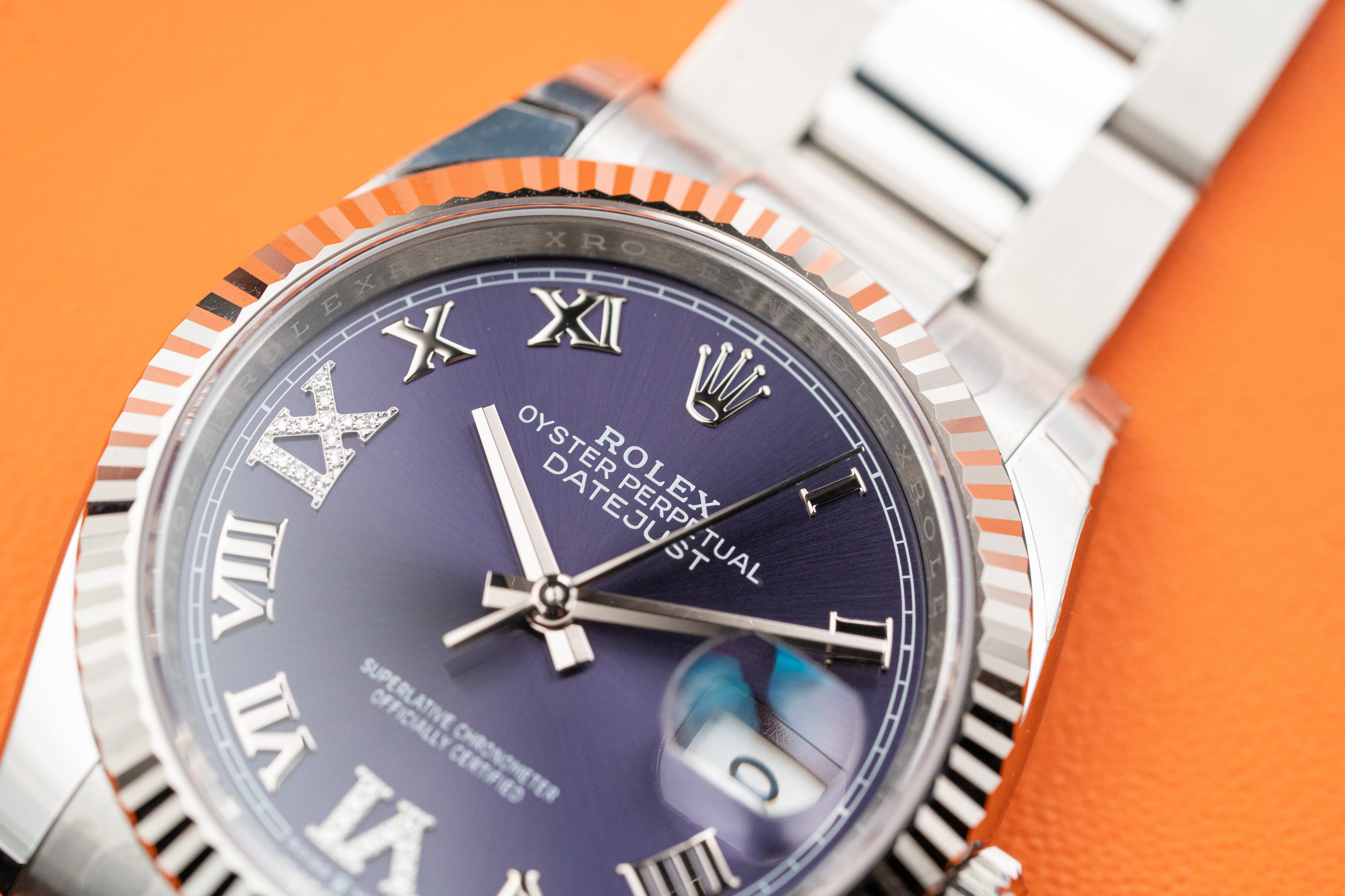 Rolex Datejust 126234 36mm Fluted Bezel Aubergine Purple Diamond Roman VI and IX Dial Oyster Bracelet