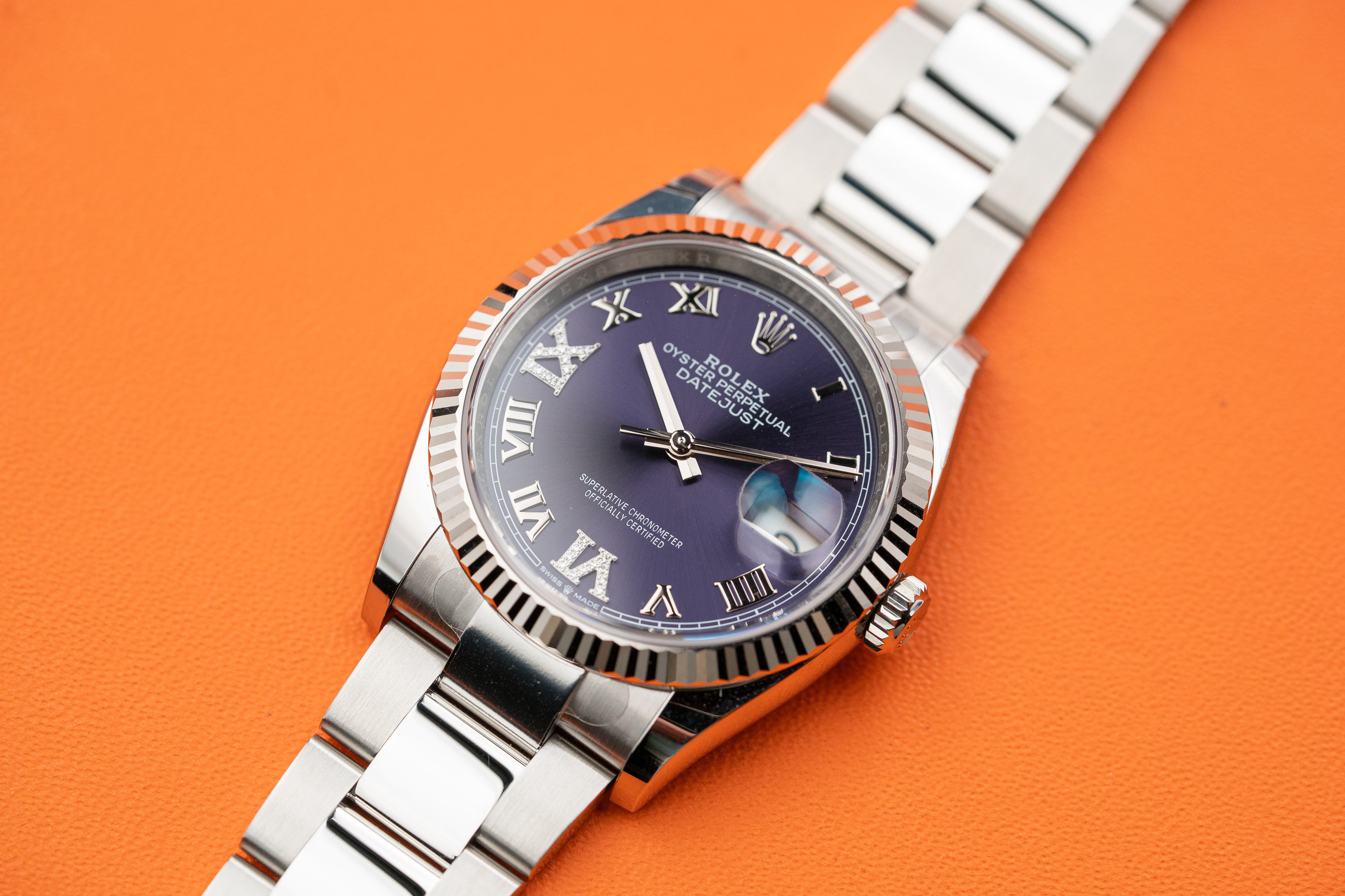 Rolex Datejust 126234 36mm Fluted Bezel Aubergine Purple Diamond Roman VI and IX Dial Oyster Bracelet