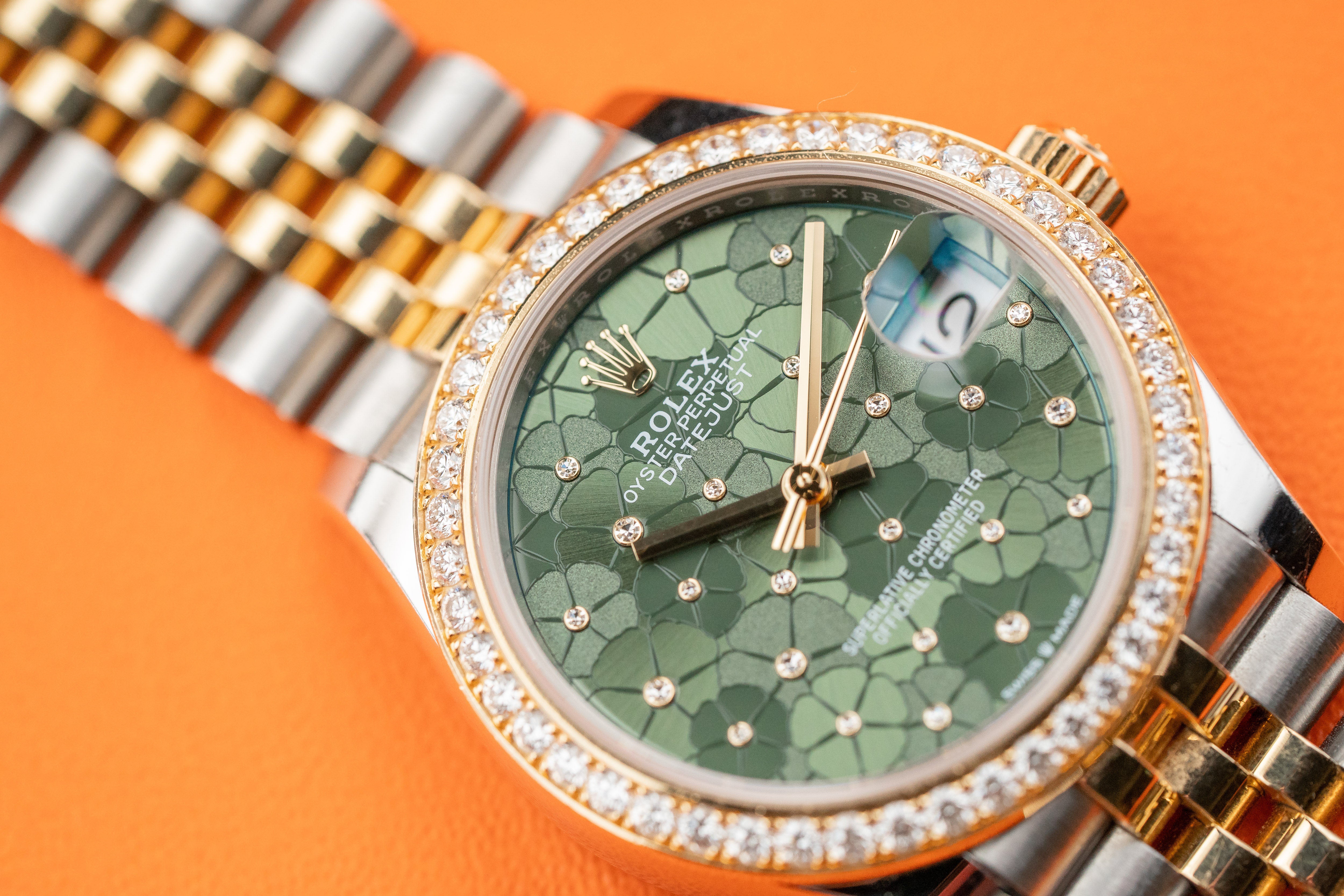 Rolex Datejust 31mm Steel & Yellow Gold Diamond Bezel Olive Green FLoral Motif Diamond Dial Jubilee 278383rbr