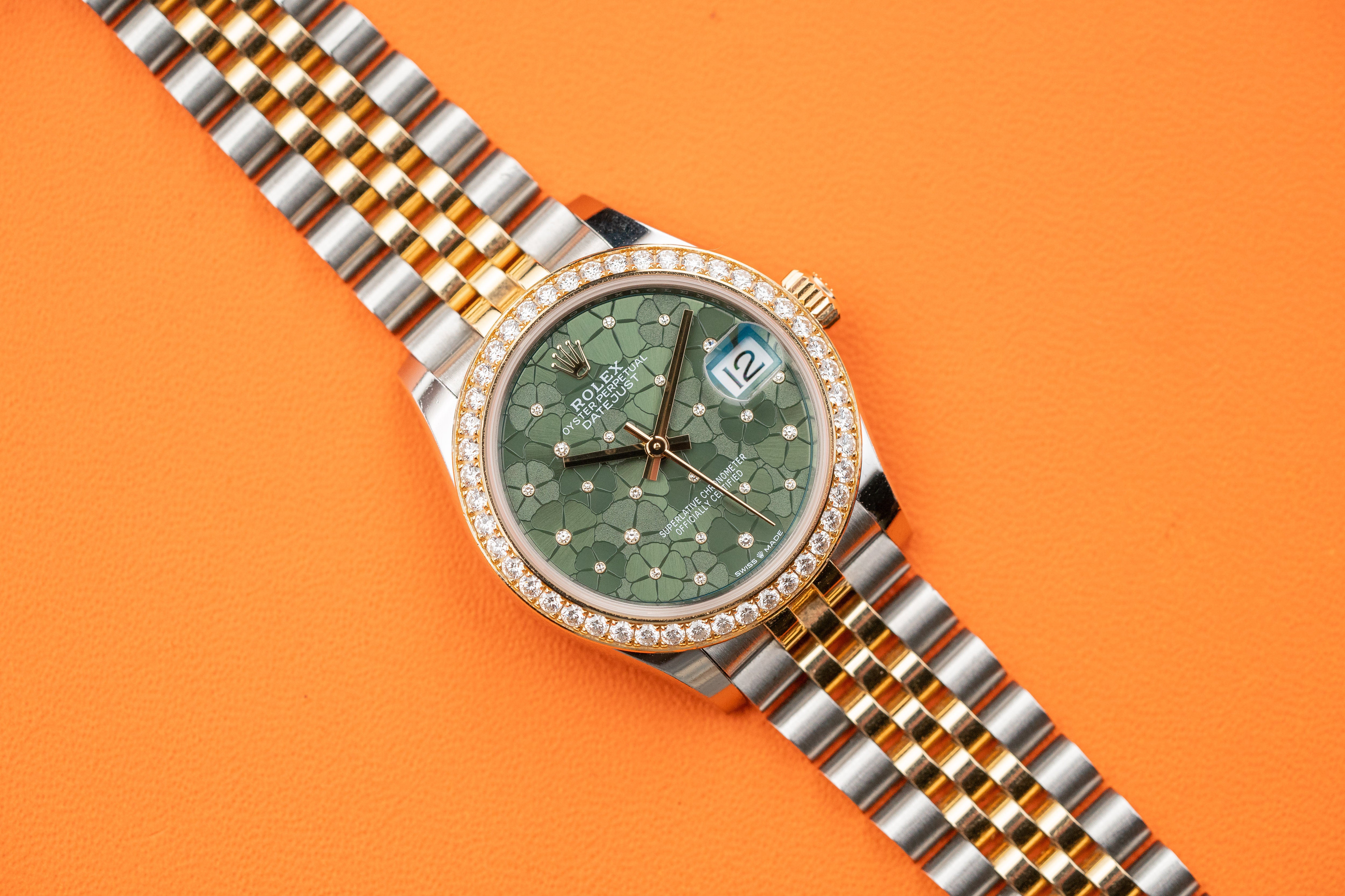 Rolex Datejust 31mm Steel & Yellow Gold Diamond Bezel Olive Green FLoral Motif Diamond Dial Jubilee 278383rbr