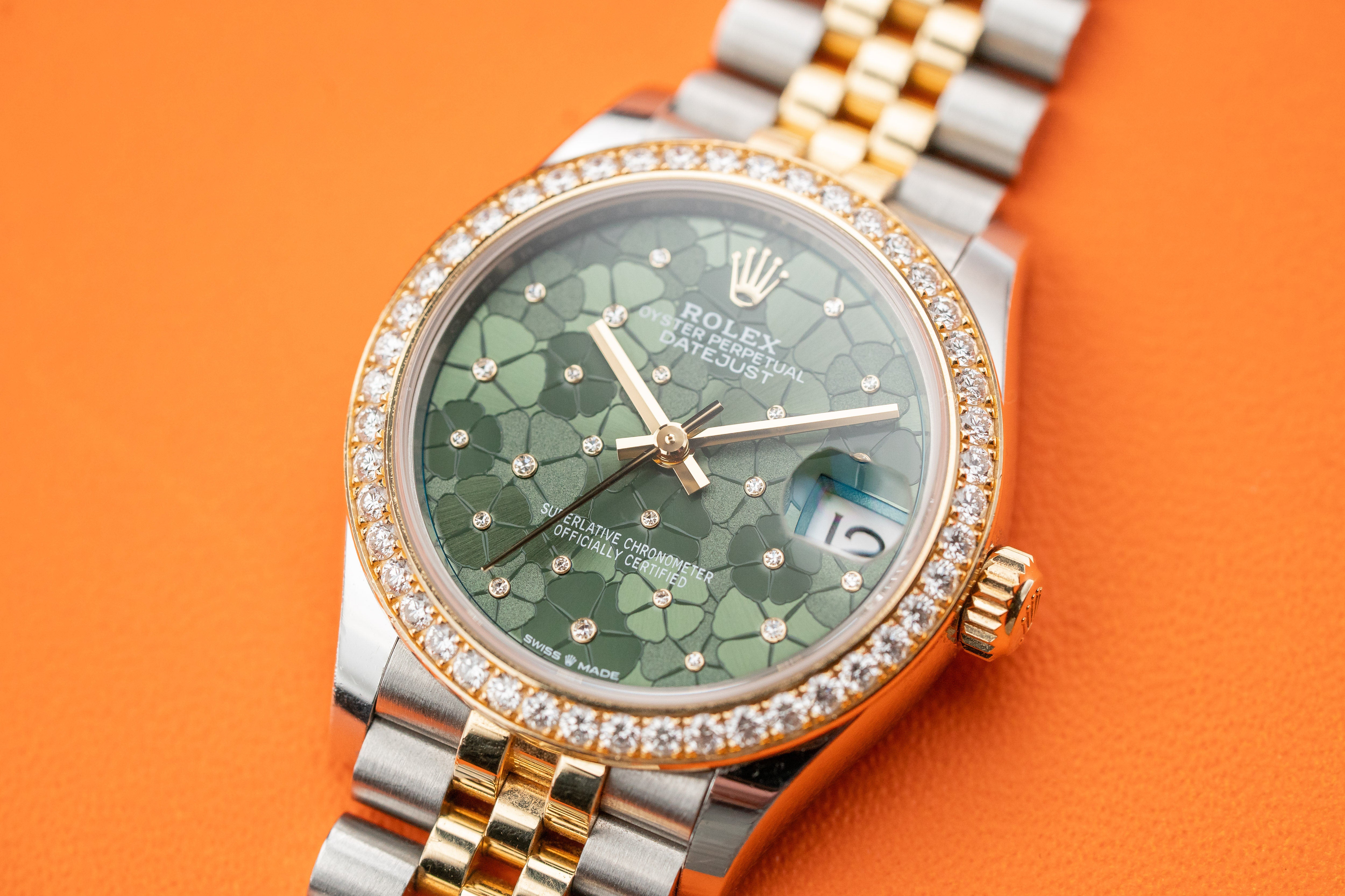 Rolex Datejust 31mm Steel & Yellow Gold Diamond Bezel Olive Green FLoral Motif Diamond Dial Jubilee 278383rbr