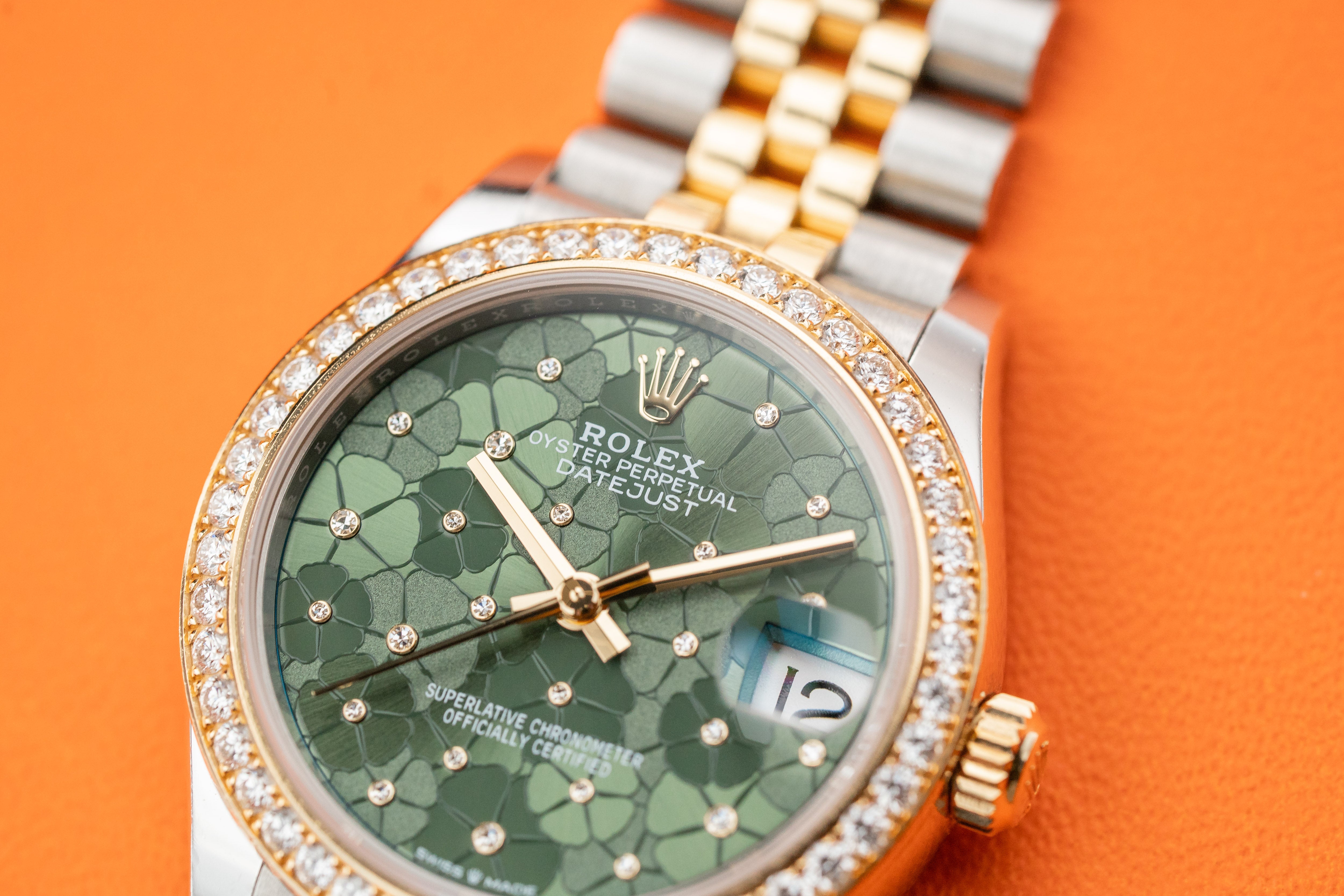 Rolex Datejust 31mm Steel & Yellow Gold Diamond Bezel Olive Green FLoral Motif Diamond Dial Jubilee 278383rbr