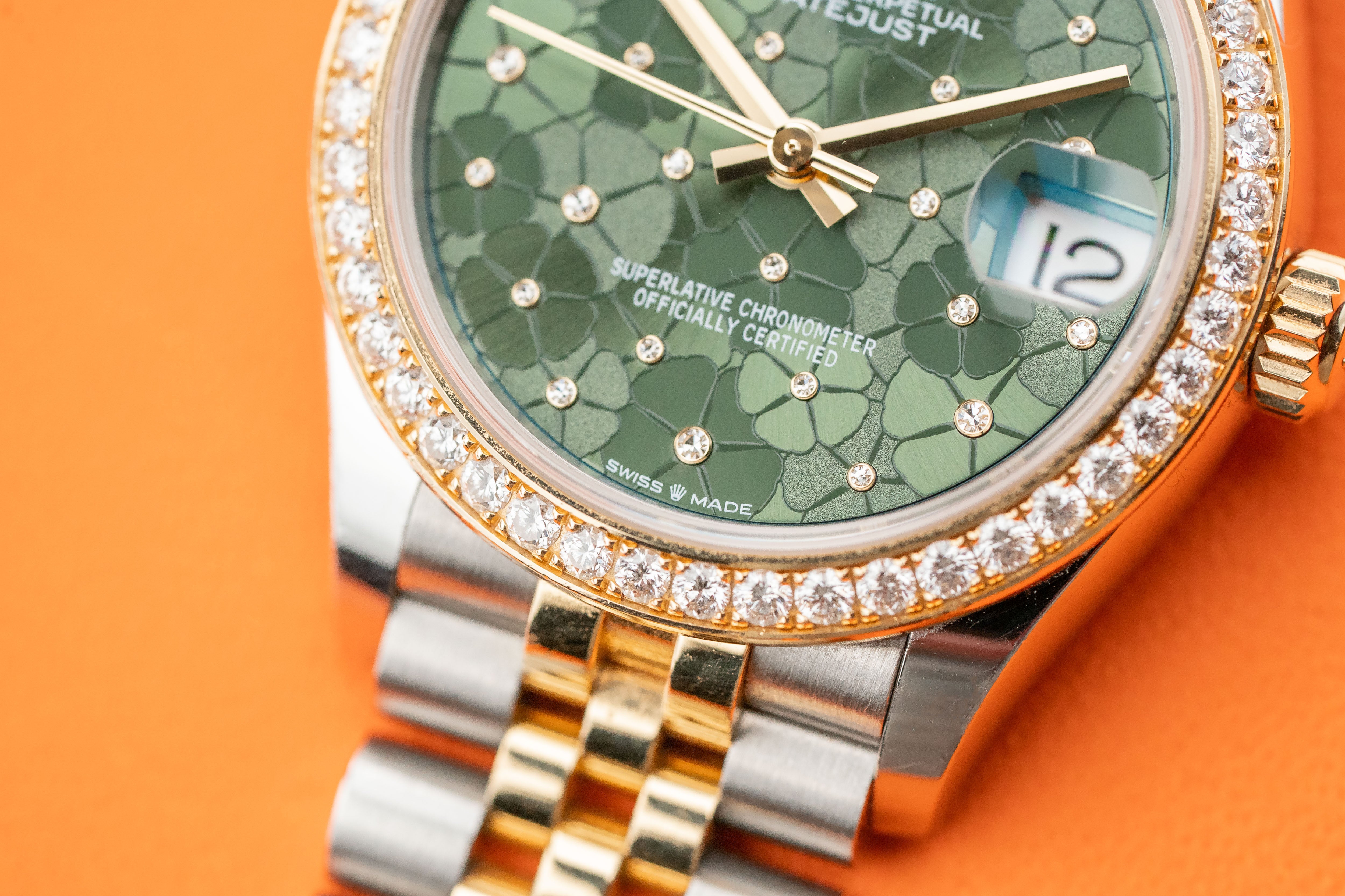 Rolex Datejust 31mm Steel & Yellow Gold Diamond Bezel Olive Green FLoral Motif Diamond Dial Jubilee 278383rbr