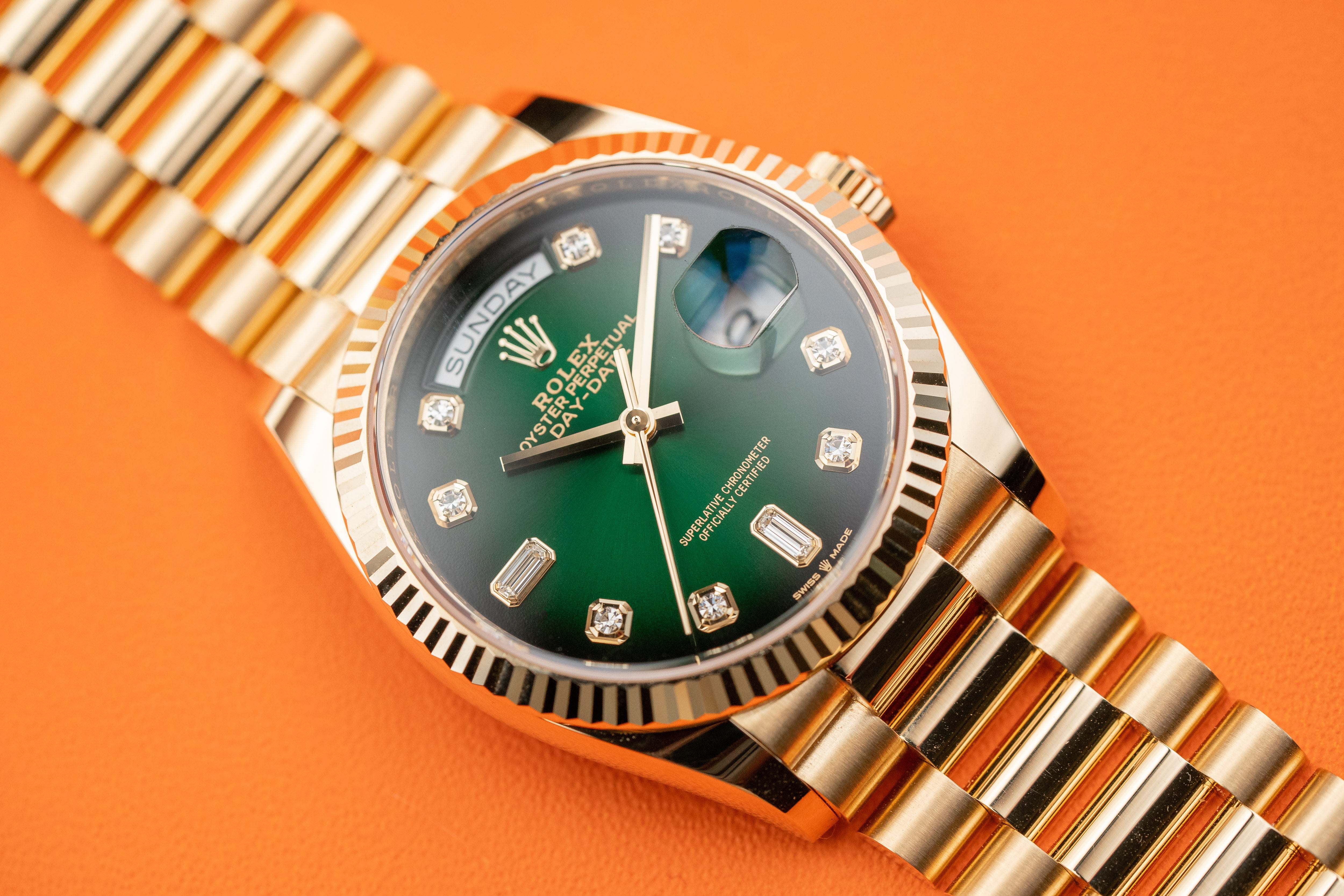 Rolex Day-Date President 36mm 128238 Yellow Gols Green Ombre Diamond Dial