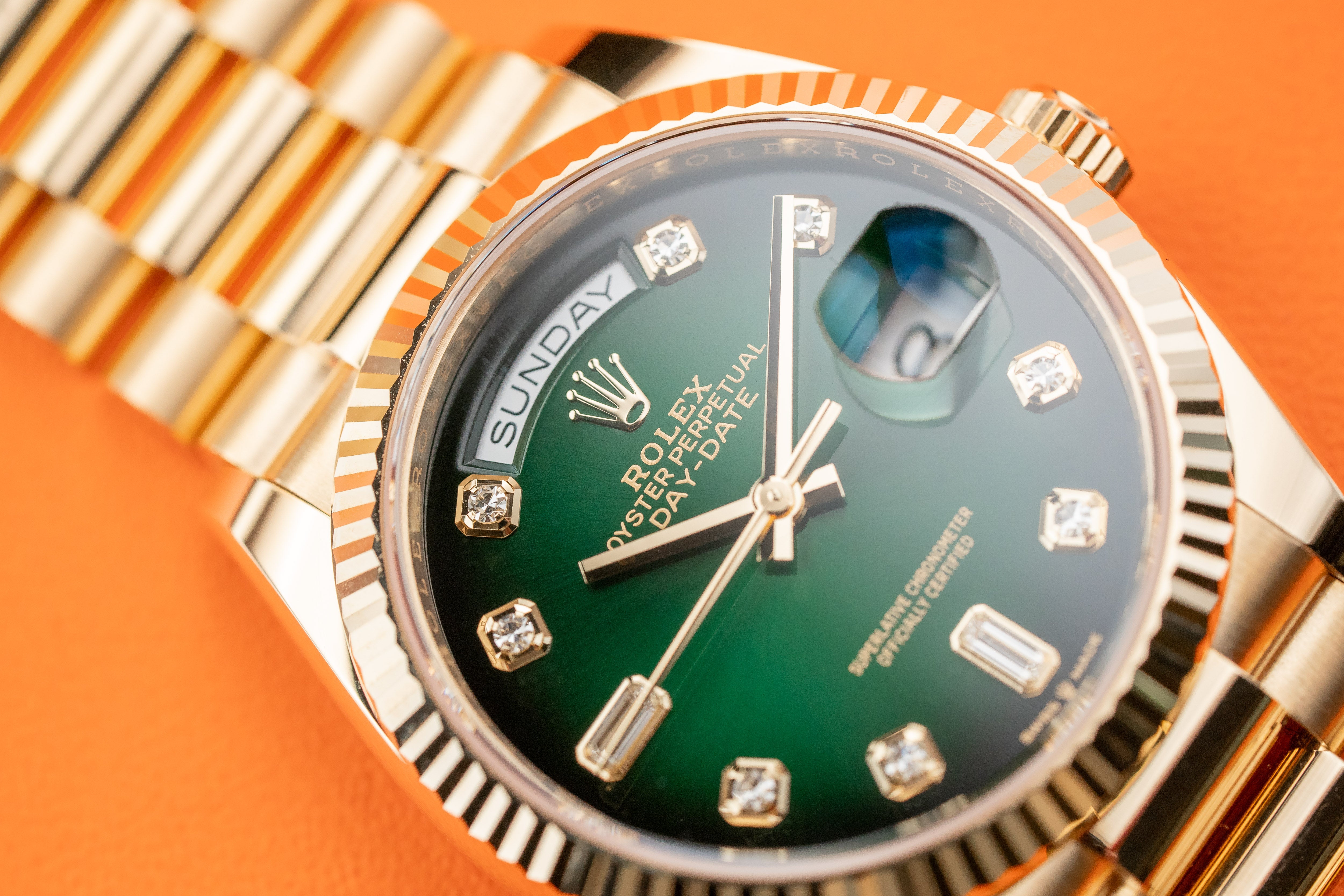 Rolex Day-Date President 36mm 128238 Yellow Gols Green Ombre Diamond Dial