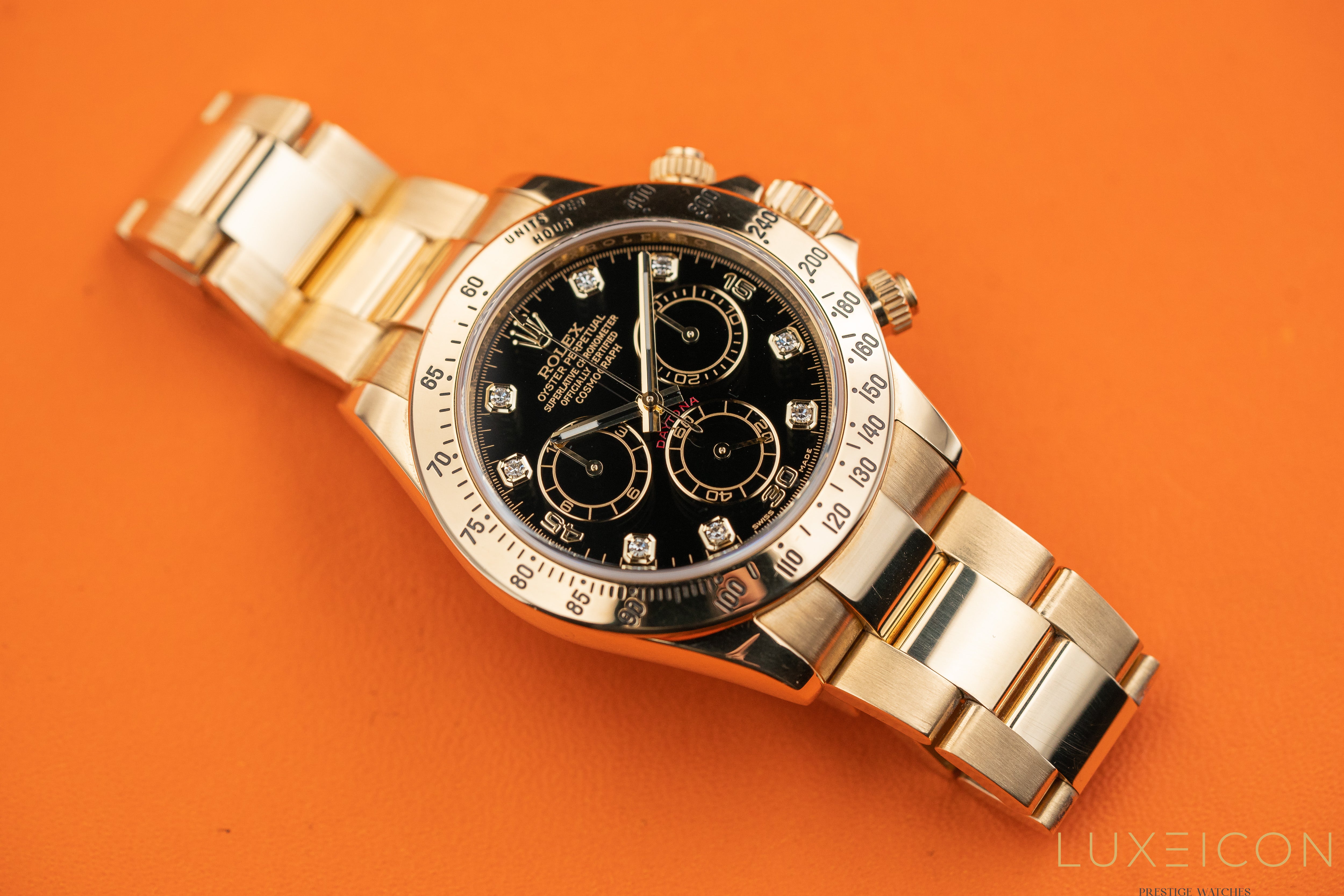 Rolex Daytona 40mm Chronograph 18k Yellow Gold Diamond Black Dial Watch 116528 2014