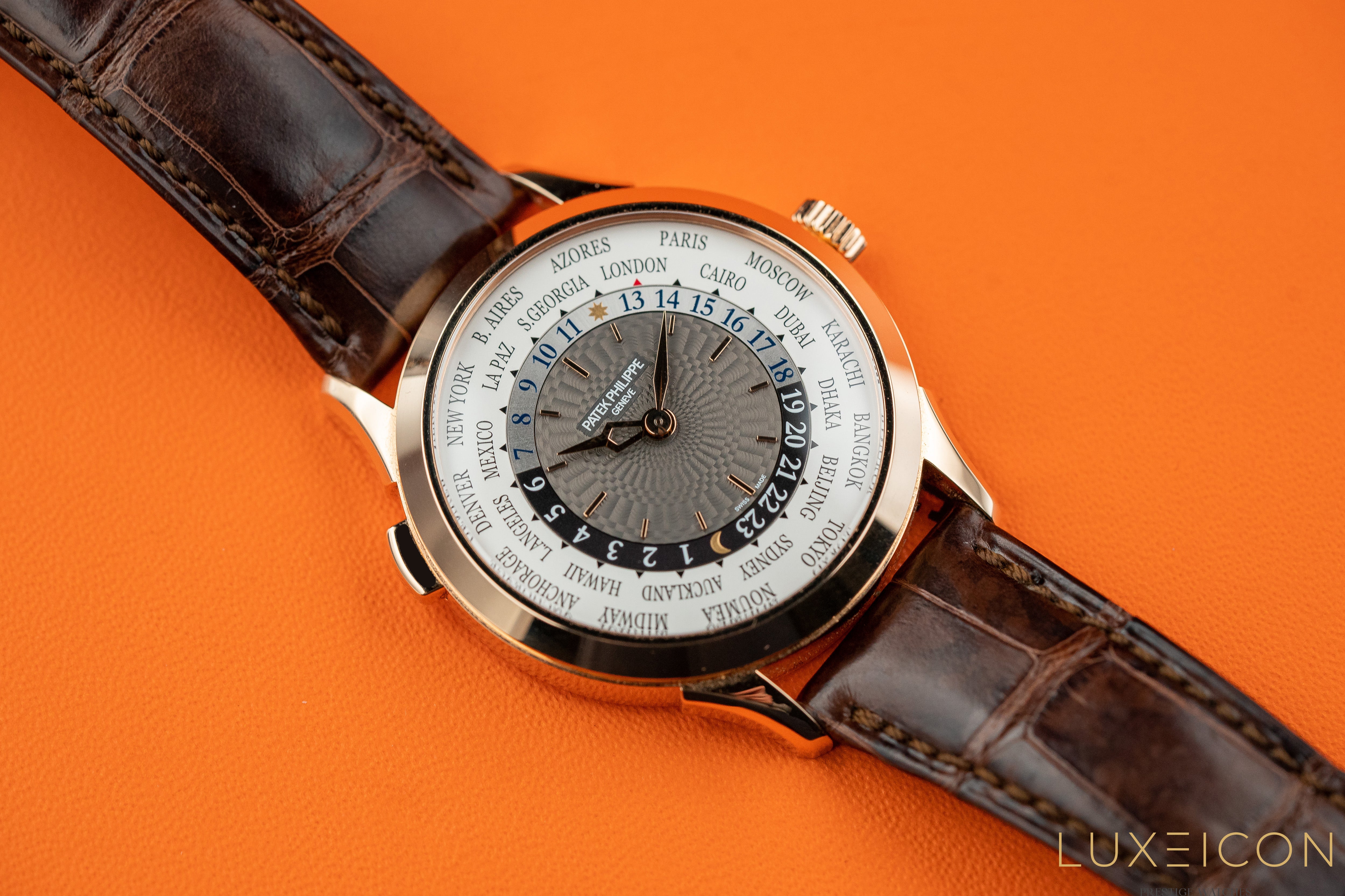 Patek Philippe World Time 5230R Rose Gold on Brown Alligator Strap with Gray Dial 2021