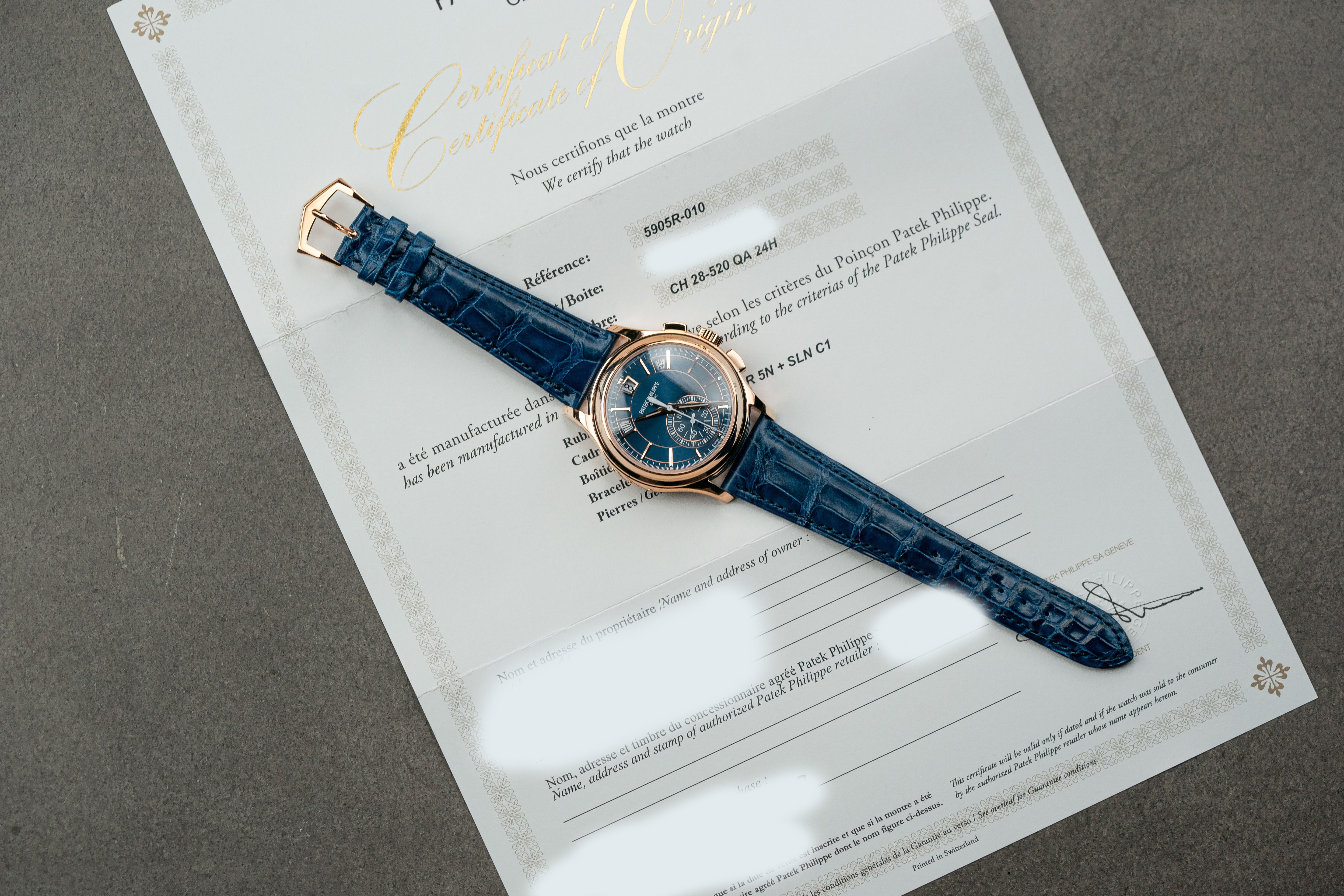 Patek Philippe Annual Calendar Chronograph Flyback Blue Dial Roségold 5905r-010