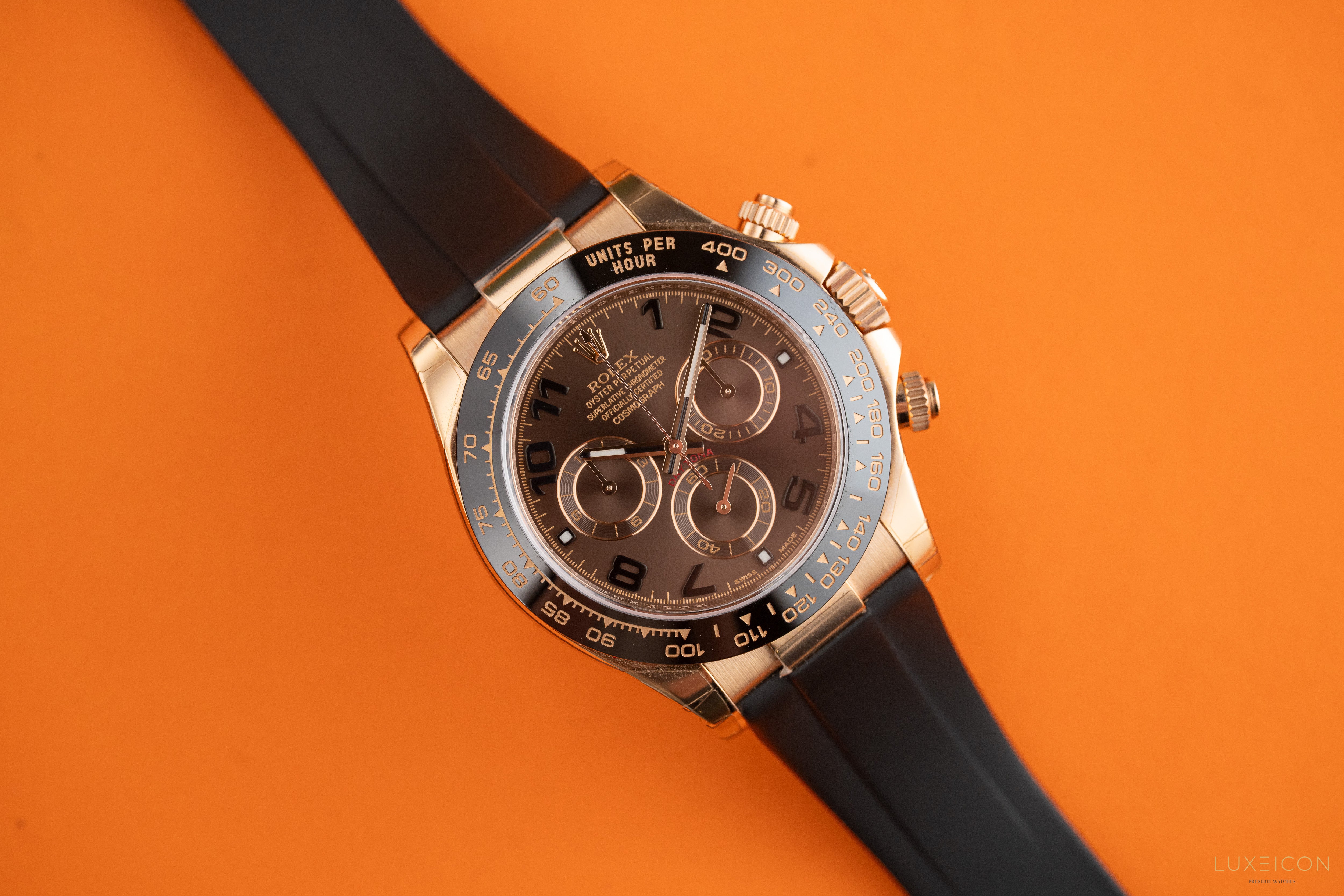 Rolex Daytona 40mm Ceramic Bezel Everose Gold Chocolate Arabic Dial Leather Band 116515LN