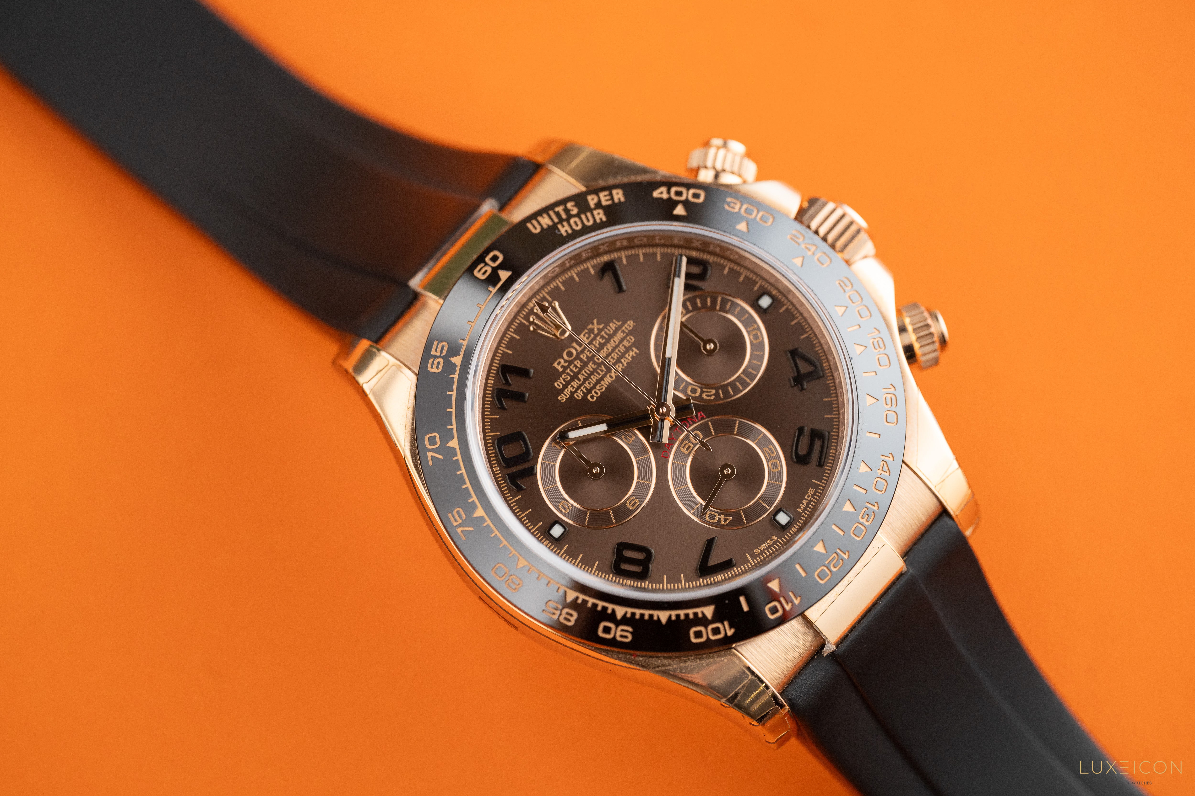Rolex Daytona 40mm Ceramic Bezel Everose Gold Chocolate Arabic Dial Leather Band 116515LN