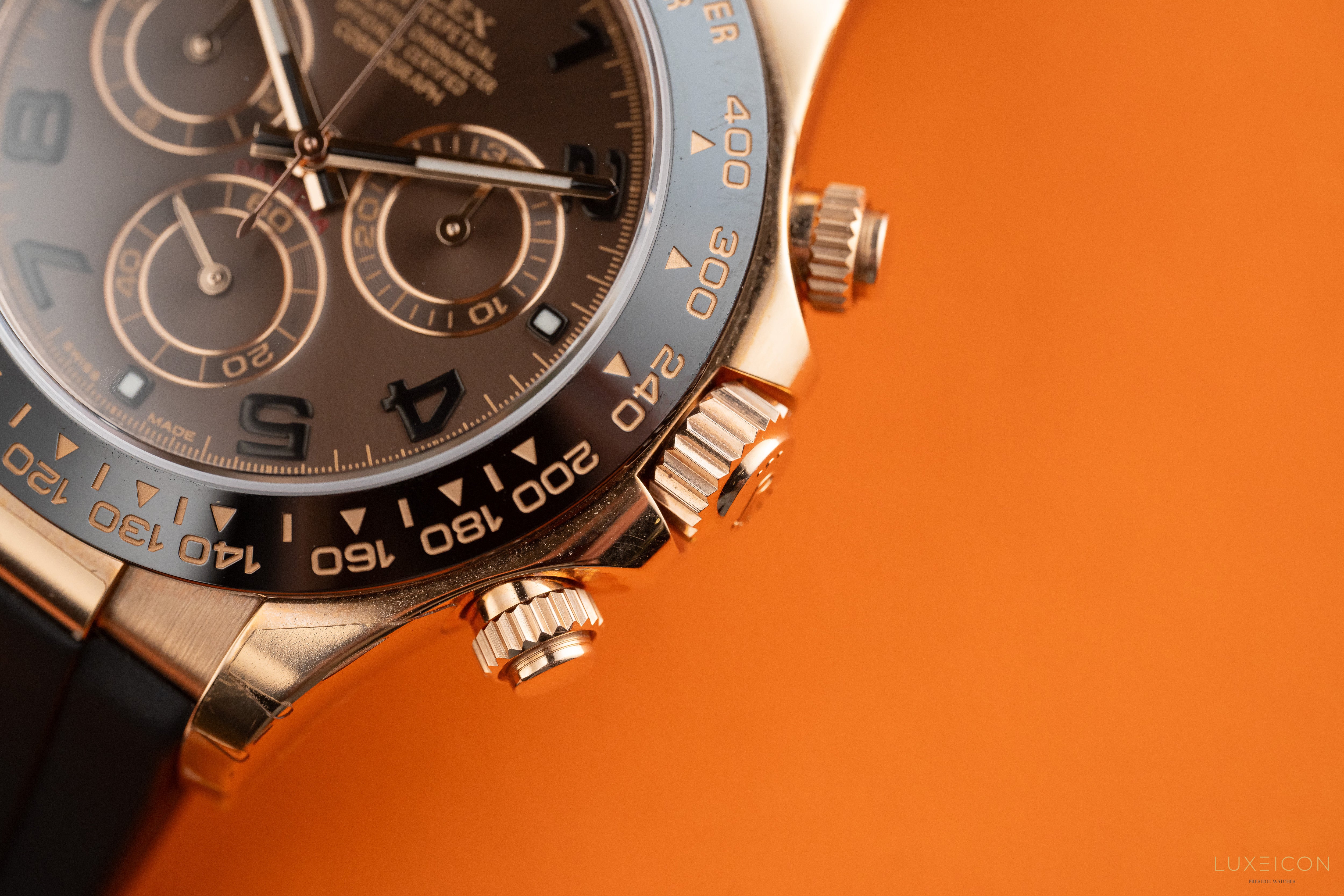 Rolex Daytona 40mm Ceramic Bezel Everose Gold Chocolate Arabic Dial Leather Band 116515LN