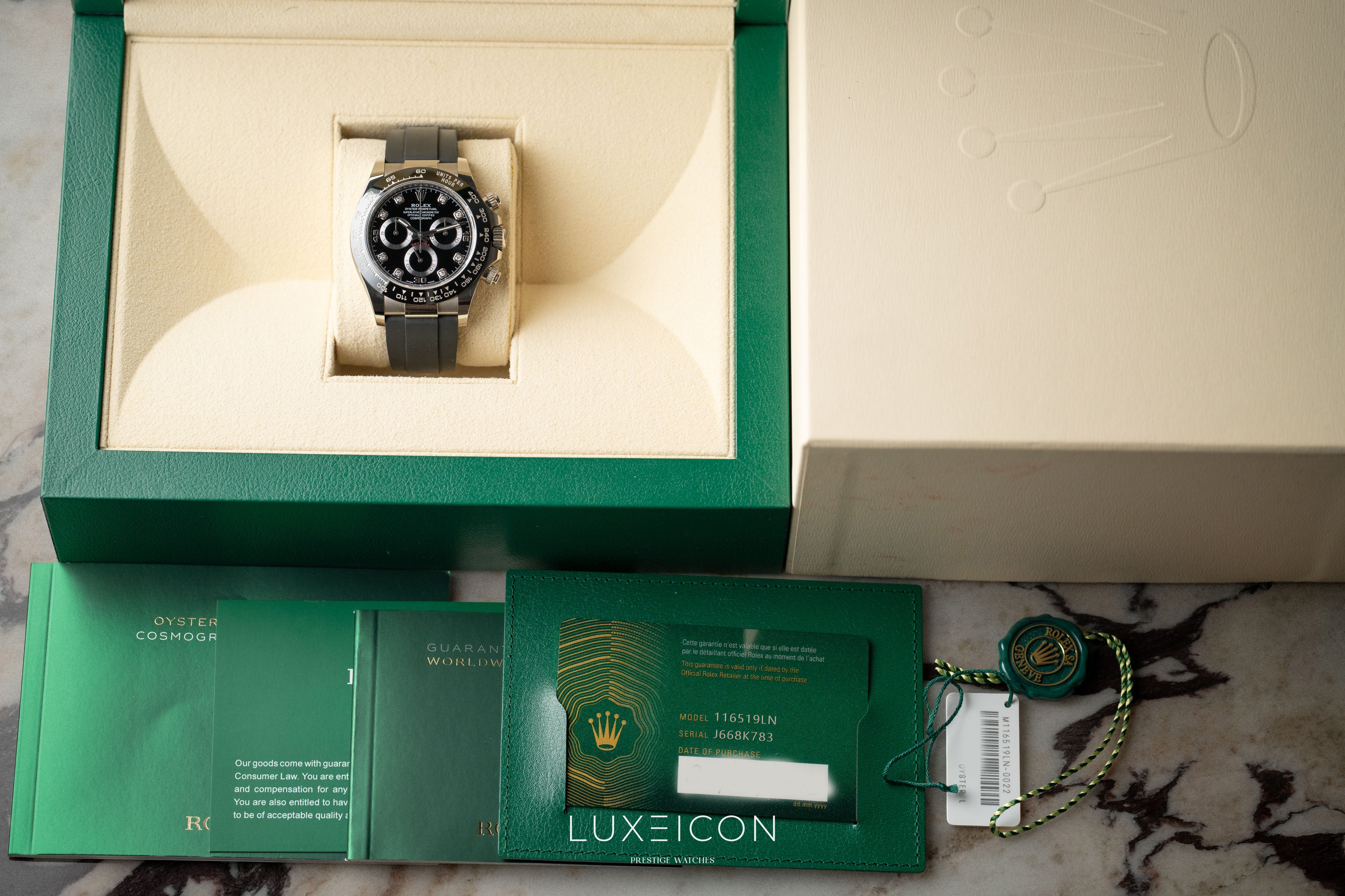 Rolex Daytona Cosmograph Daytona White Gold Diamonds Dial Oysterflex 116519LN 2023