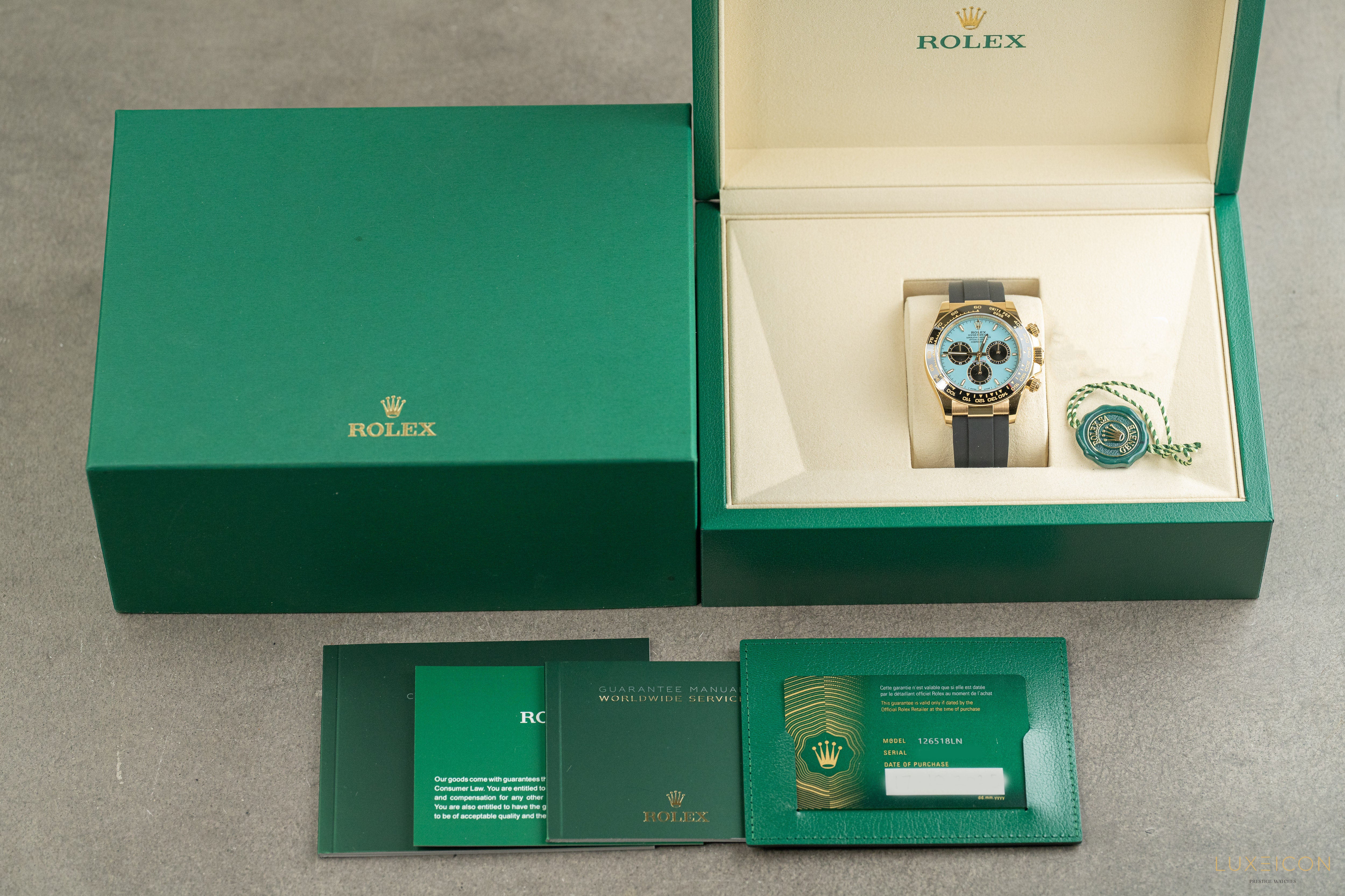 Rolex Cosmograph Daytona 40mm 126518LN Yellow Gold Oysterflex Turquoise Tiffany Dial