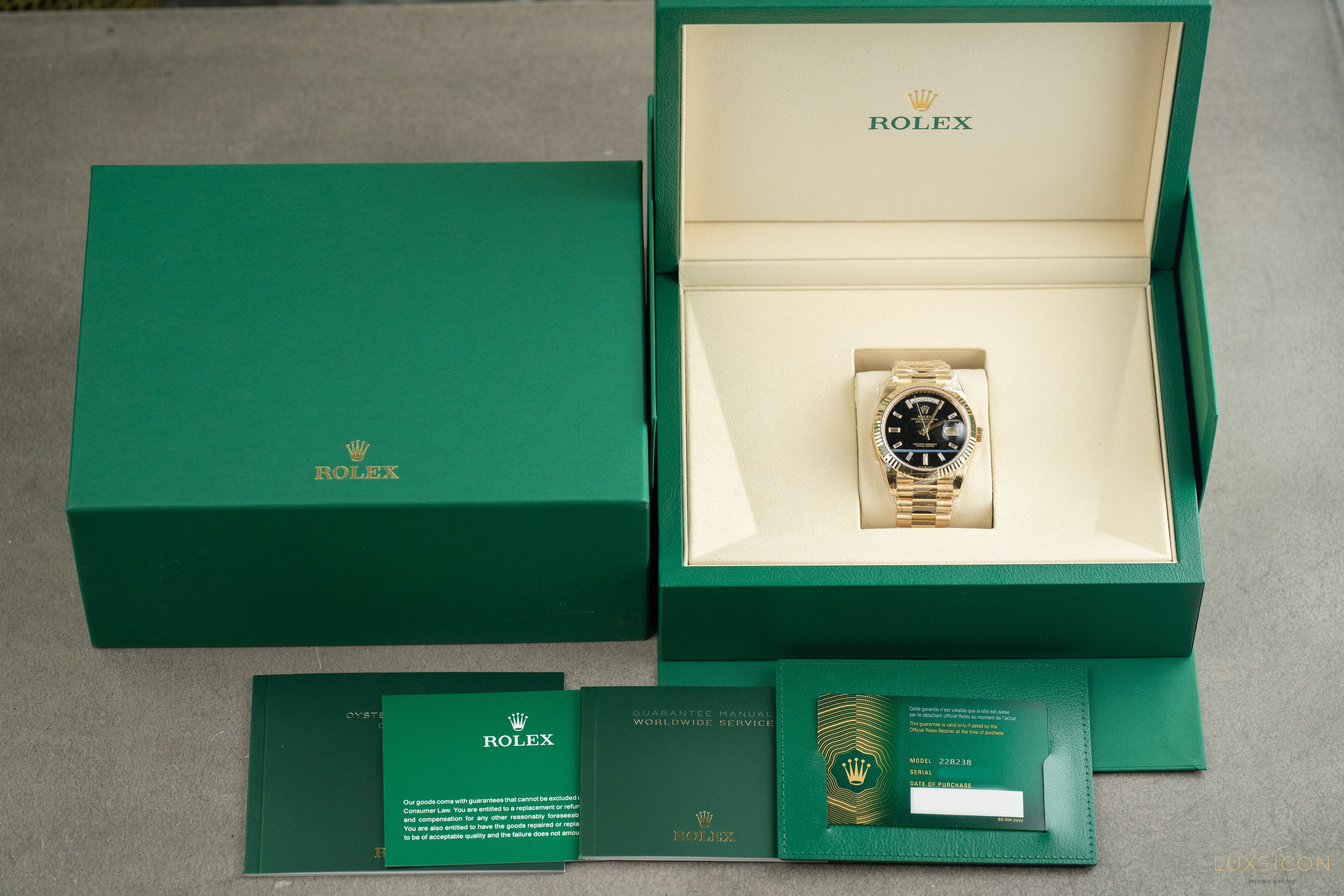 Rolex Day-Date Yellow Gold 40mm Black ONYX Baguette Dial 228238 2025