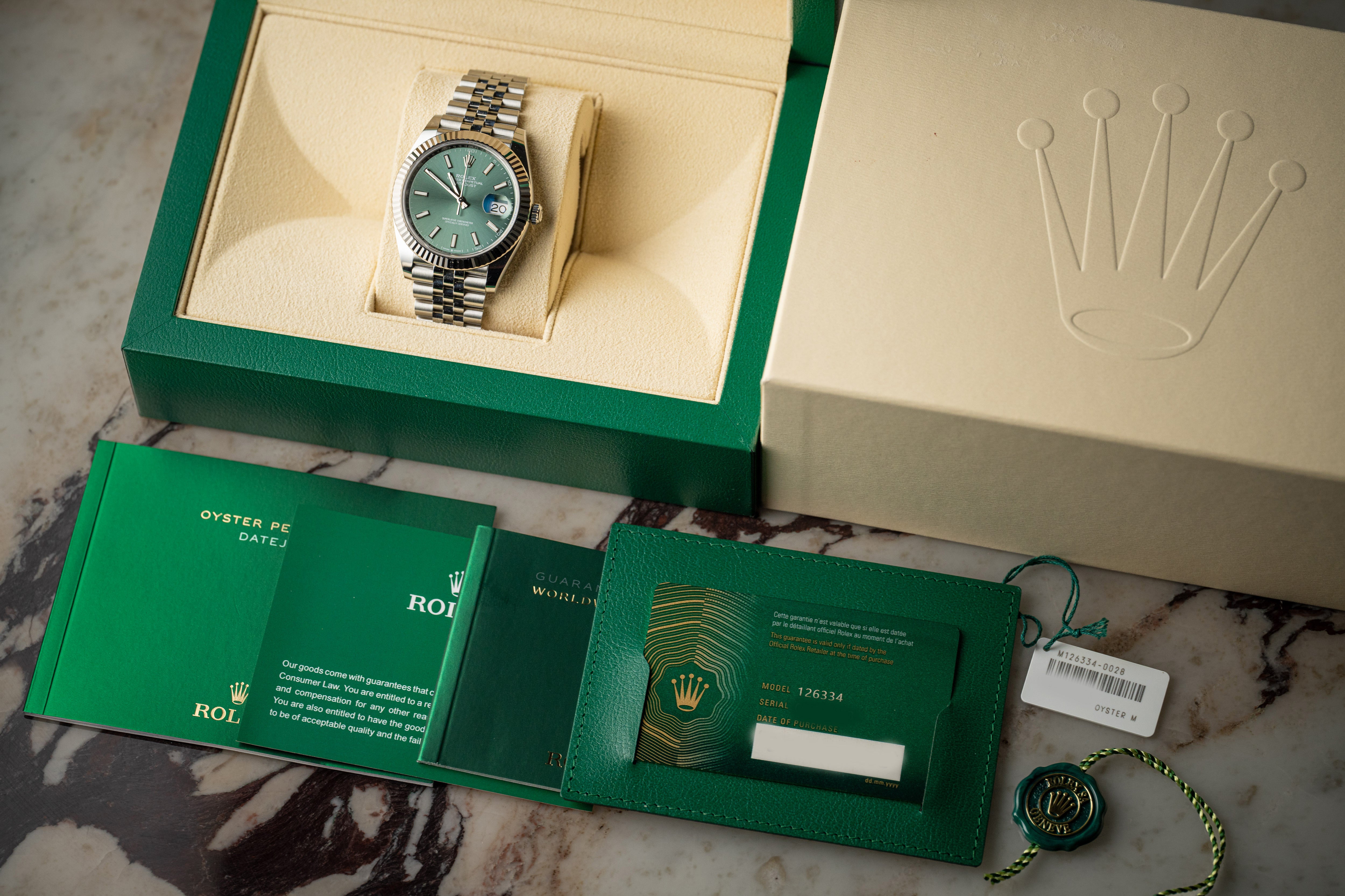 Rolex Datejust 41 126334 Mint Green Dial White Gold Fluted Bezel Jubilee 2022
