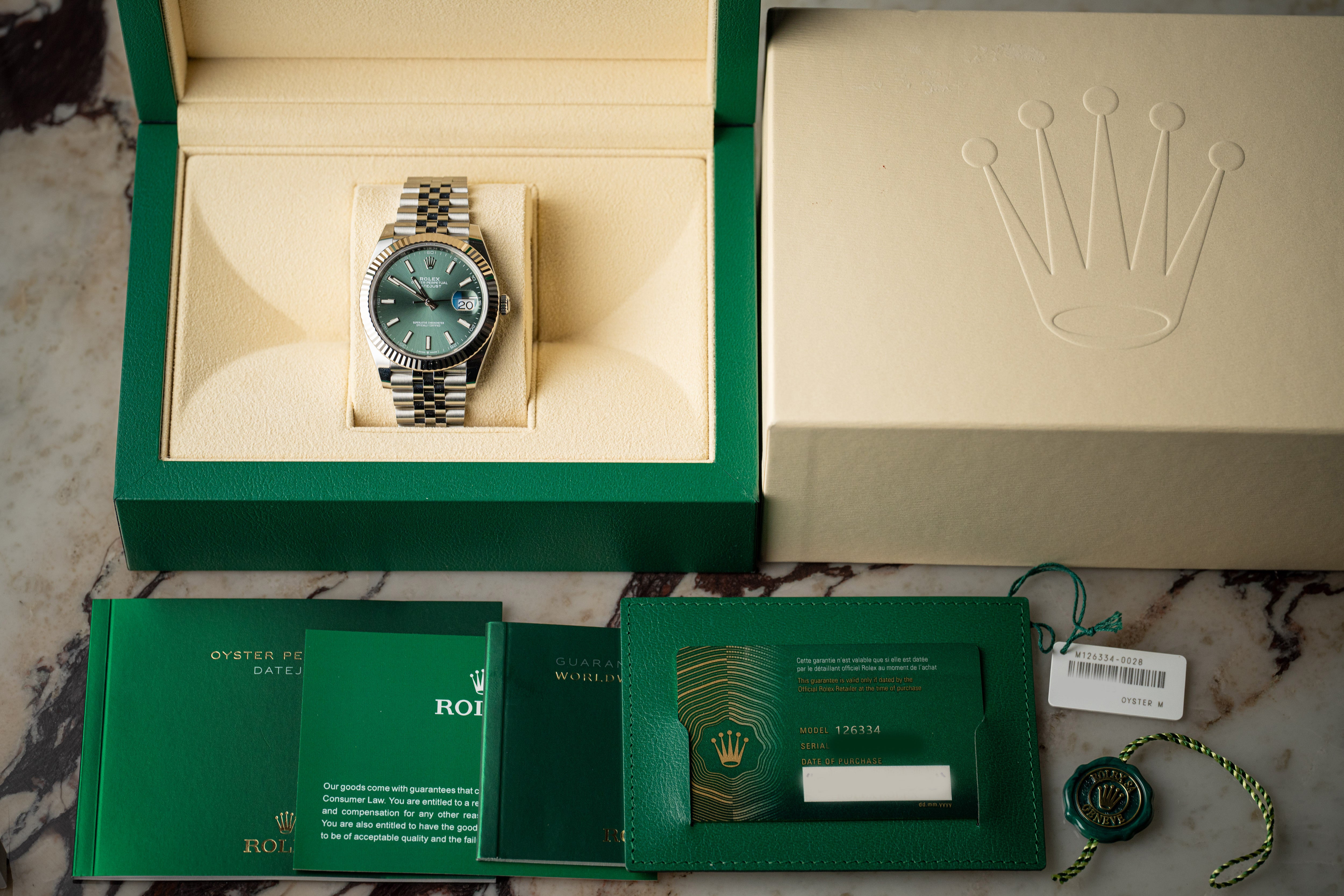 Rolex Datejust 41 126334 Mint Green Dial White Gold Fluted Bezel Jubilee 2022