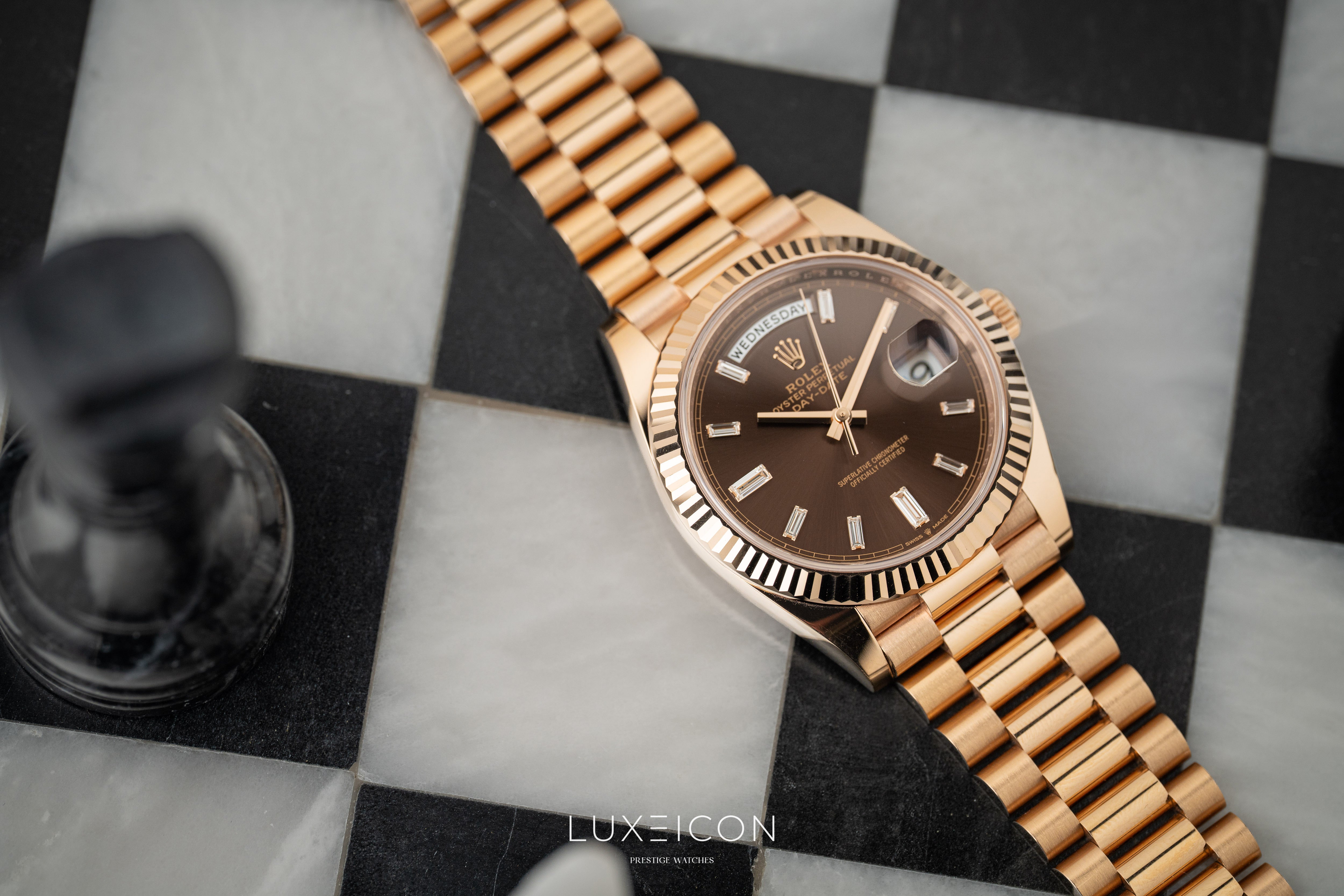 Rolex Day-Date 40 Rose Gold Chocolate Baguette Dial Presidentail 2023