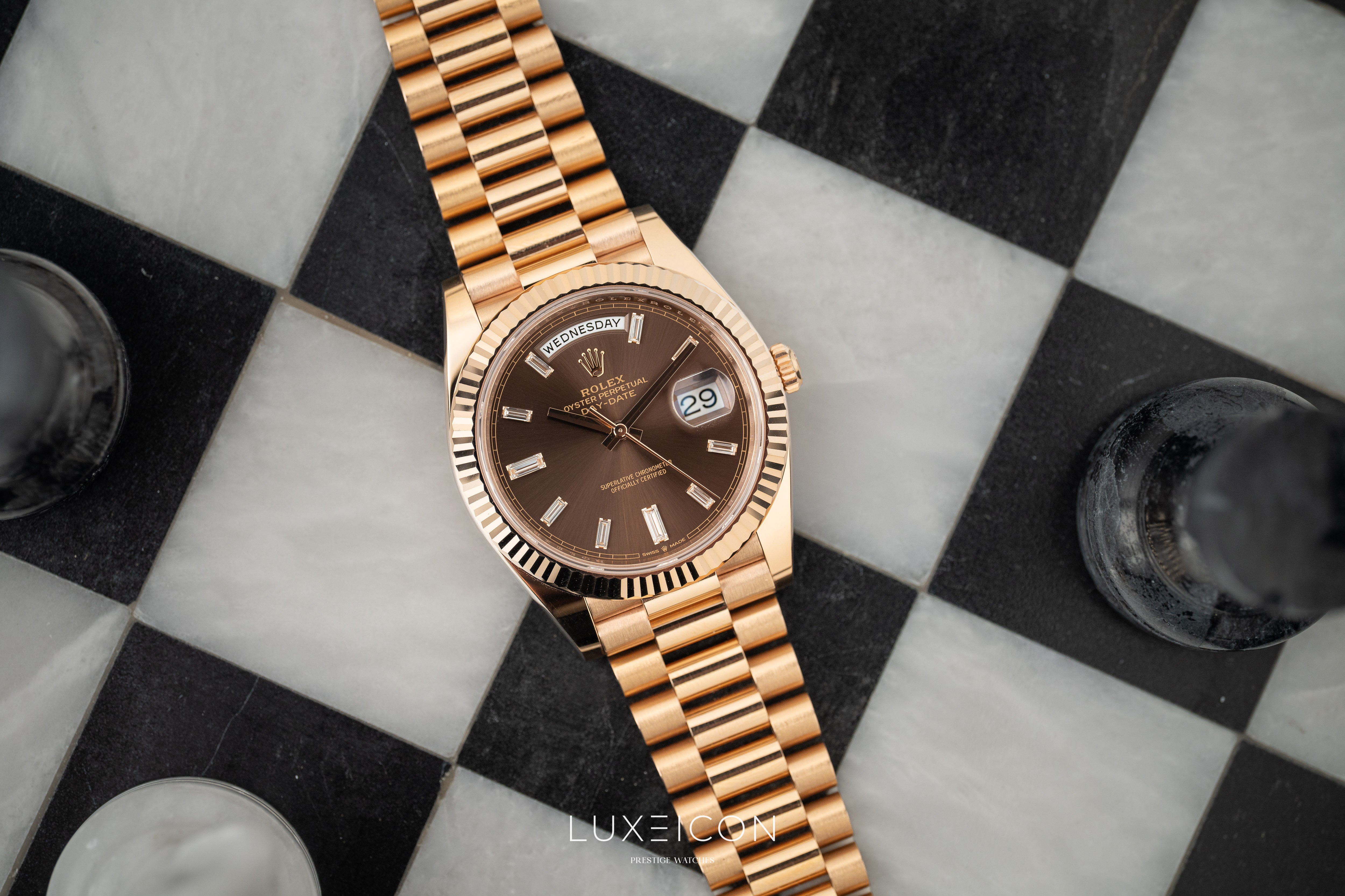 Rolex Day-Date 40 Rose Gold Chocolate Baguette Dial Presidentail 2023