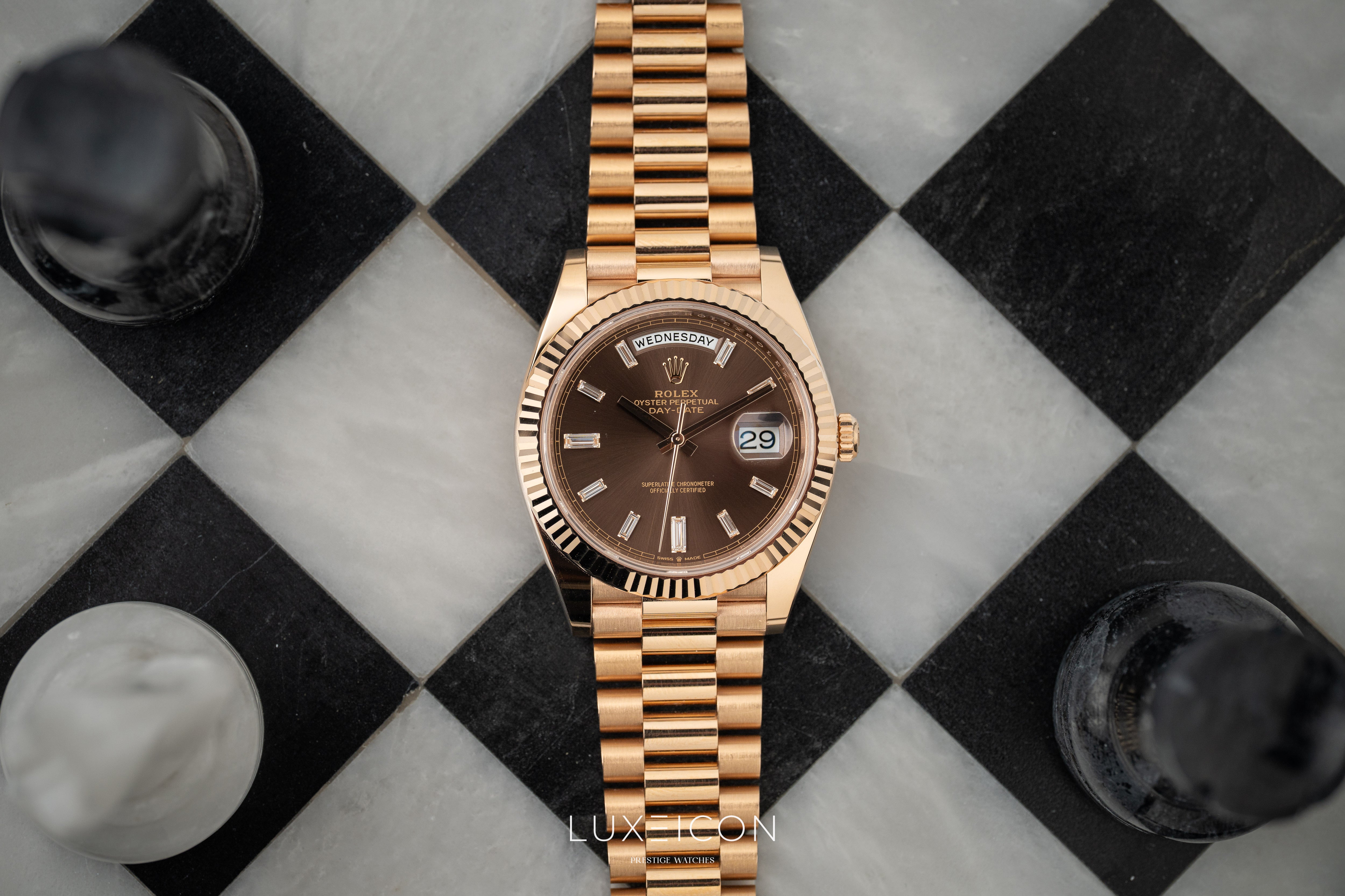 Rolex Day-Date 40 Rose Gold Chocolate Baguette Dial Presidentail 2023