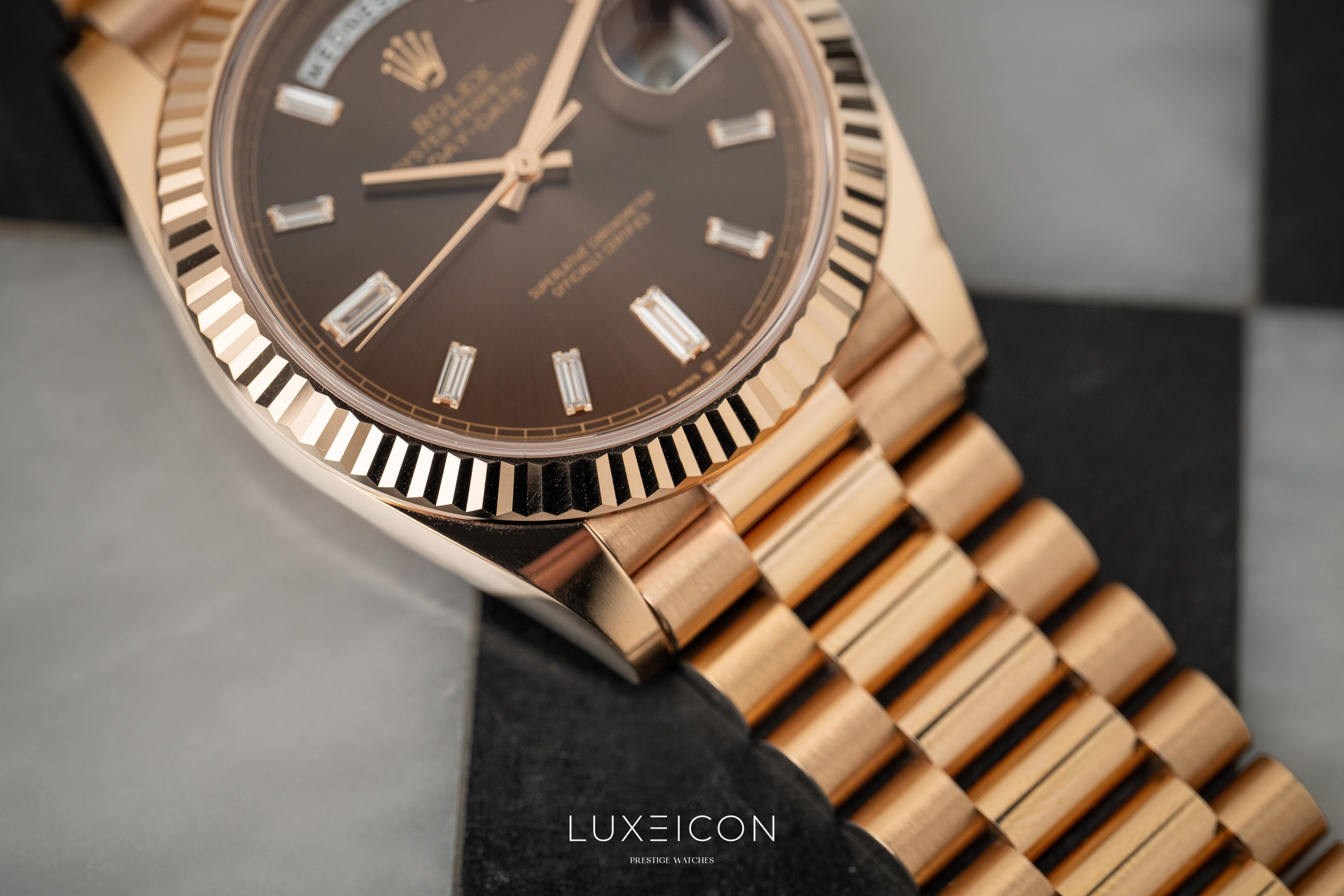 Rolex Day-Date 40 Rose Gold Chocolate Baguette Dial Presidentail 2023