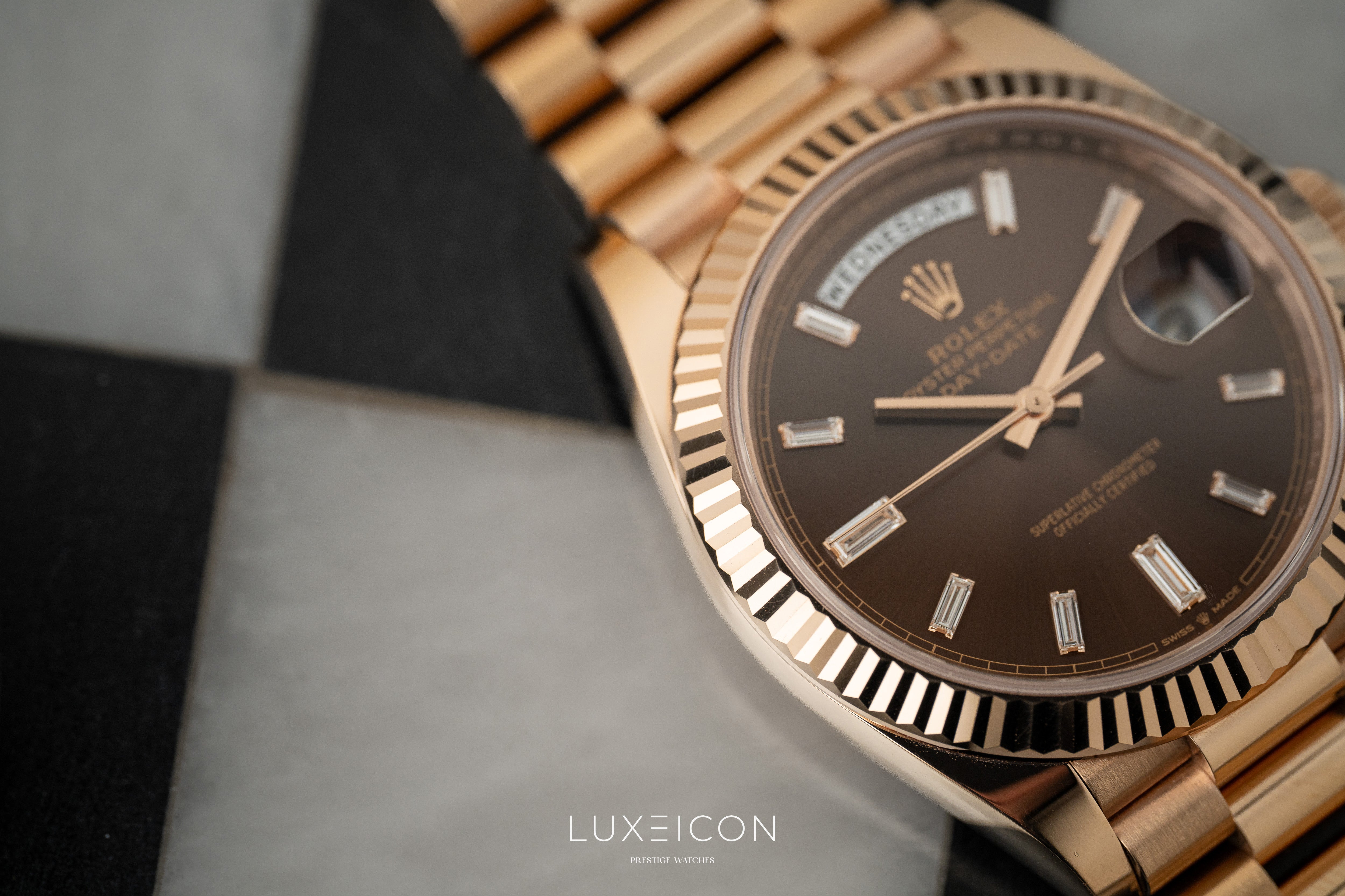 Rolex Day-Date 40 Rose Gold Chocolate Baguette Dial Presidentail 2023