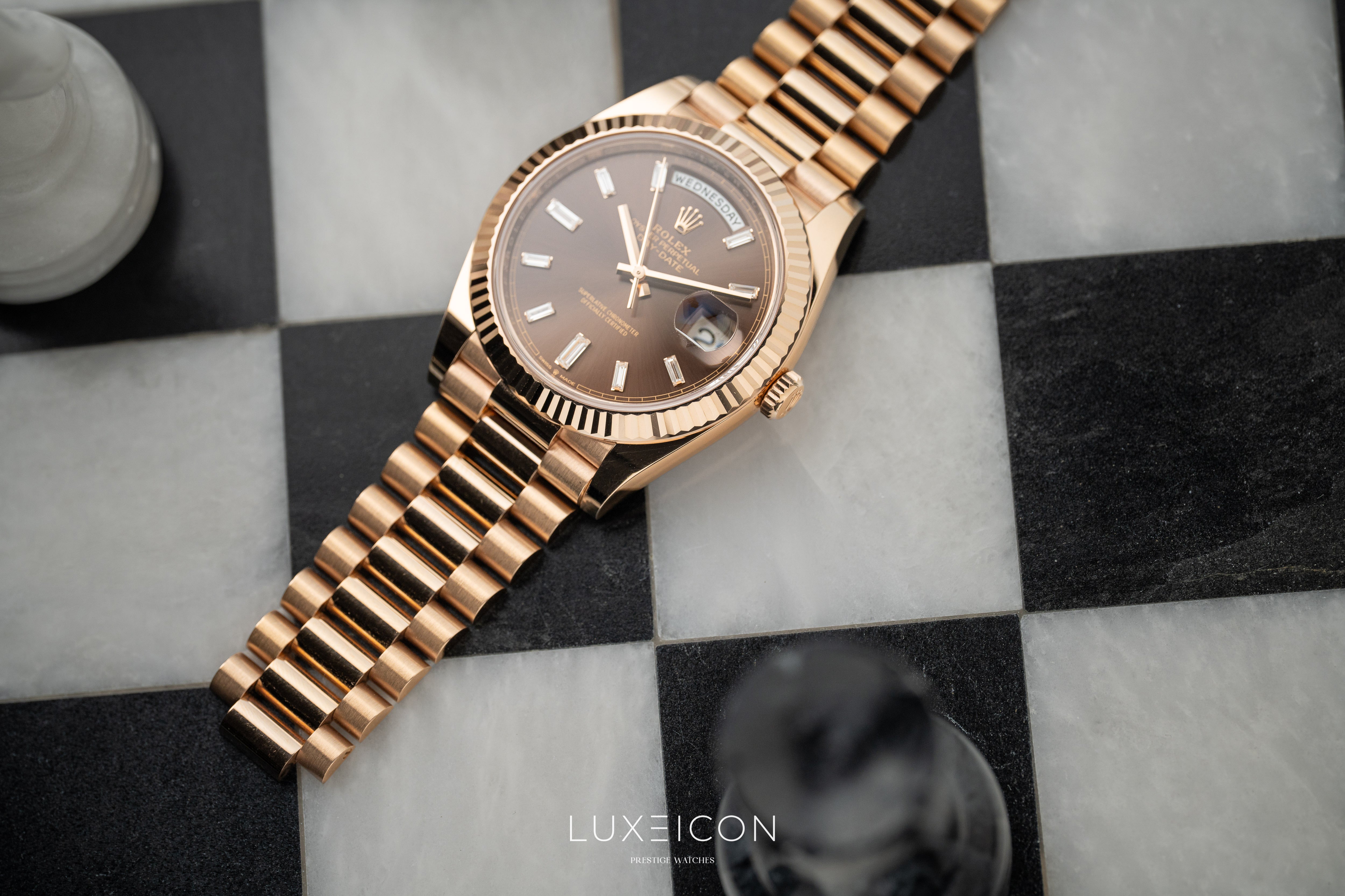 Rolex Day-Date 40 Rose Gold Chocolate Baguette Dial Presidentail 2023