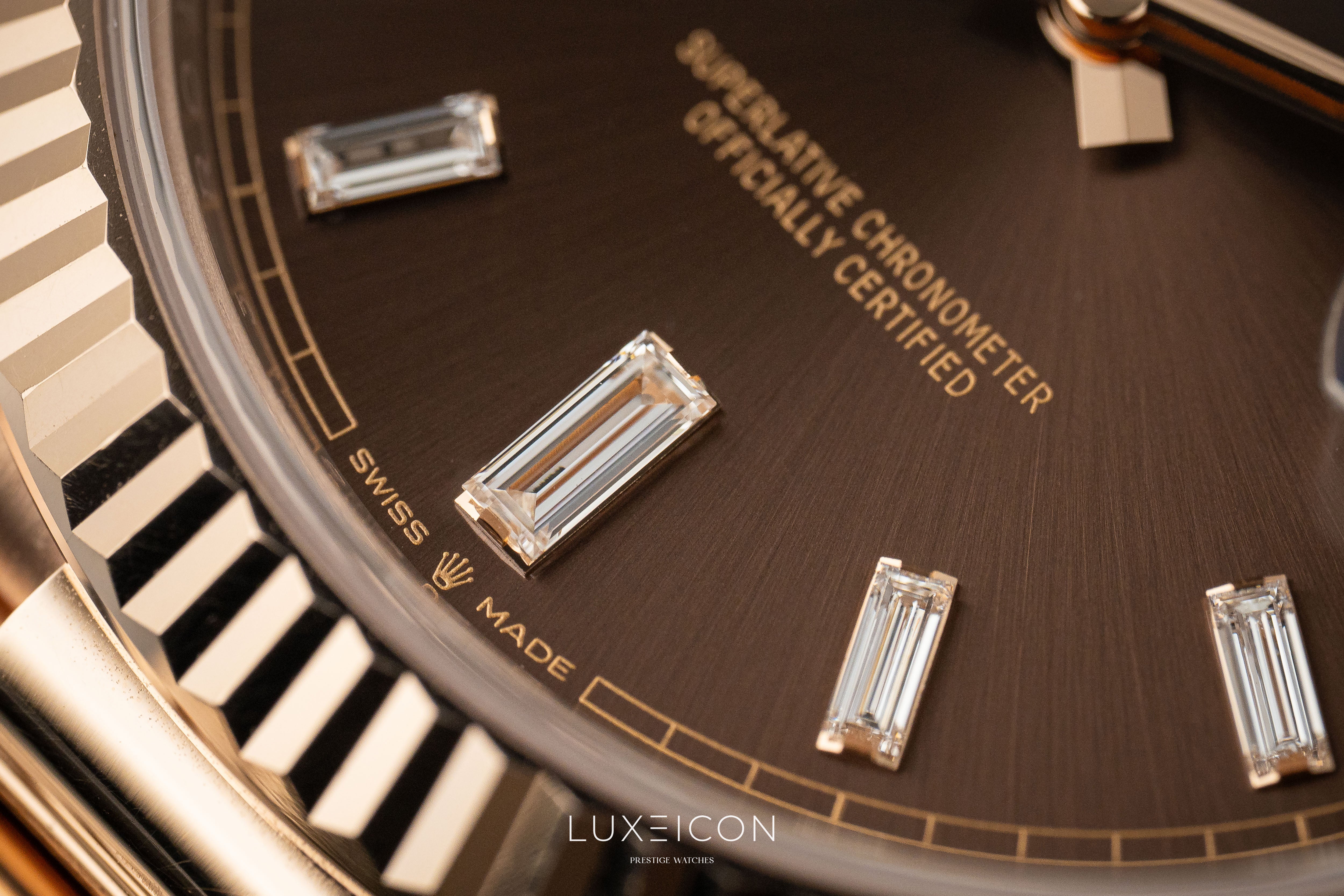 Rolex Day-Date 40 Rose Gold Chocolate Baguette Dial Presidentail 2023