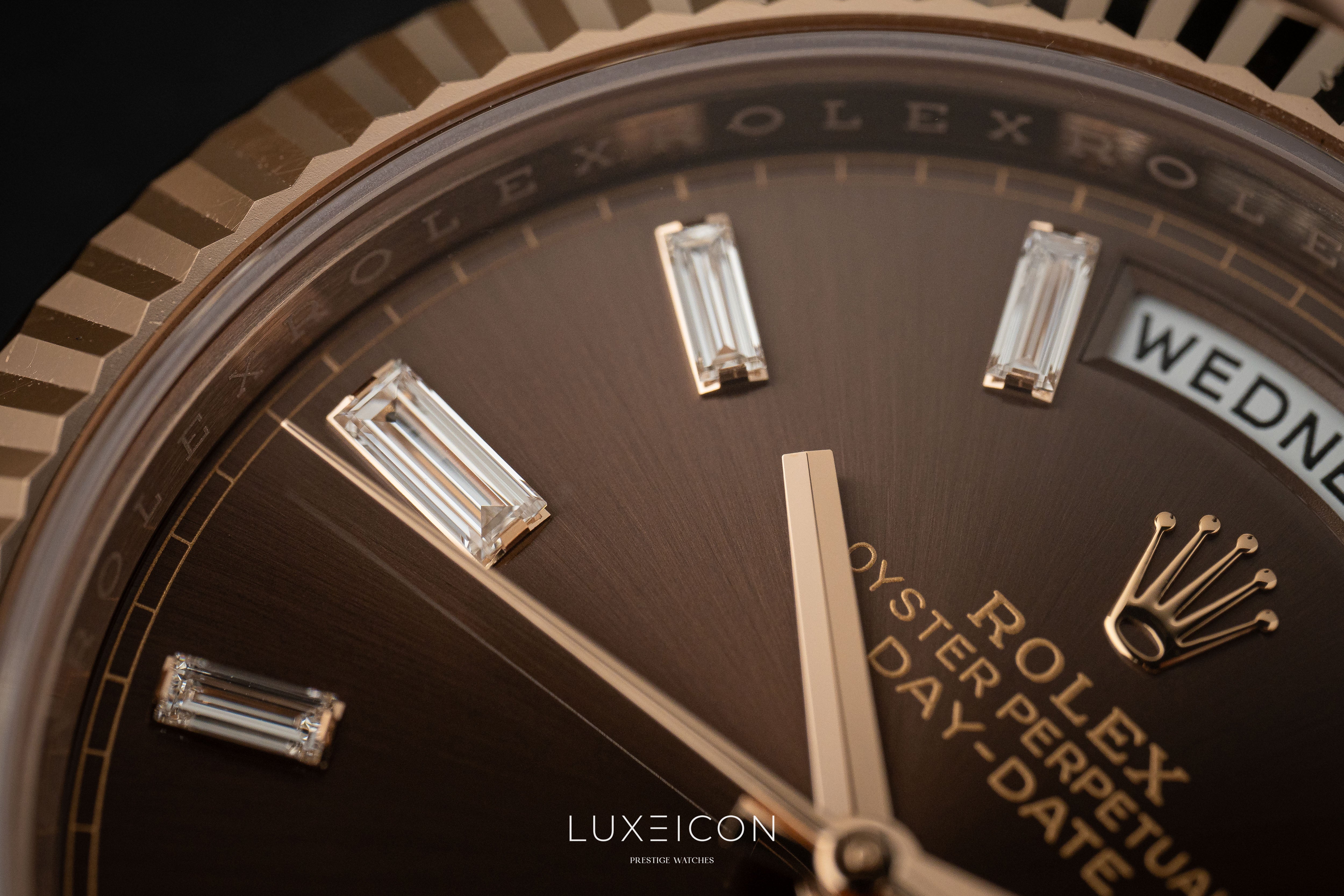 Rolex Day-Date 40 Rose Gold Chocolate Baguette Dial Presidentail 2023