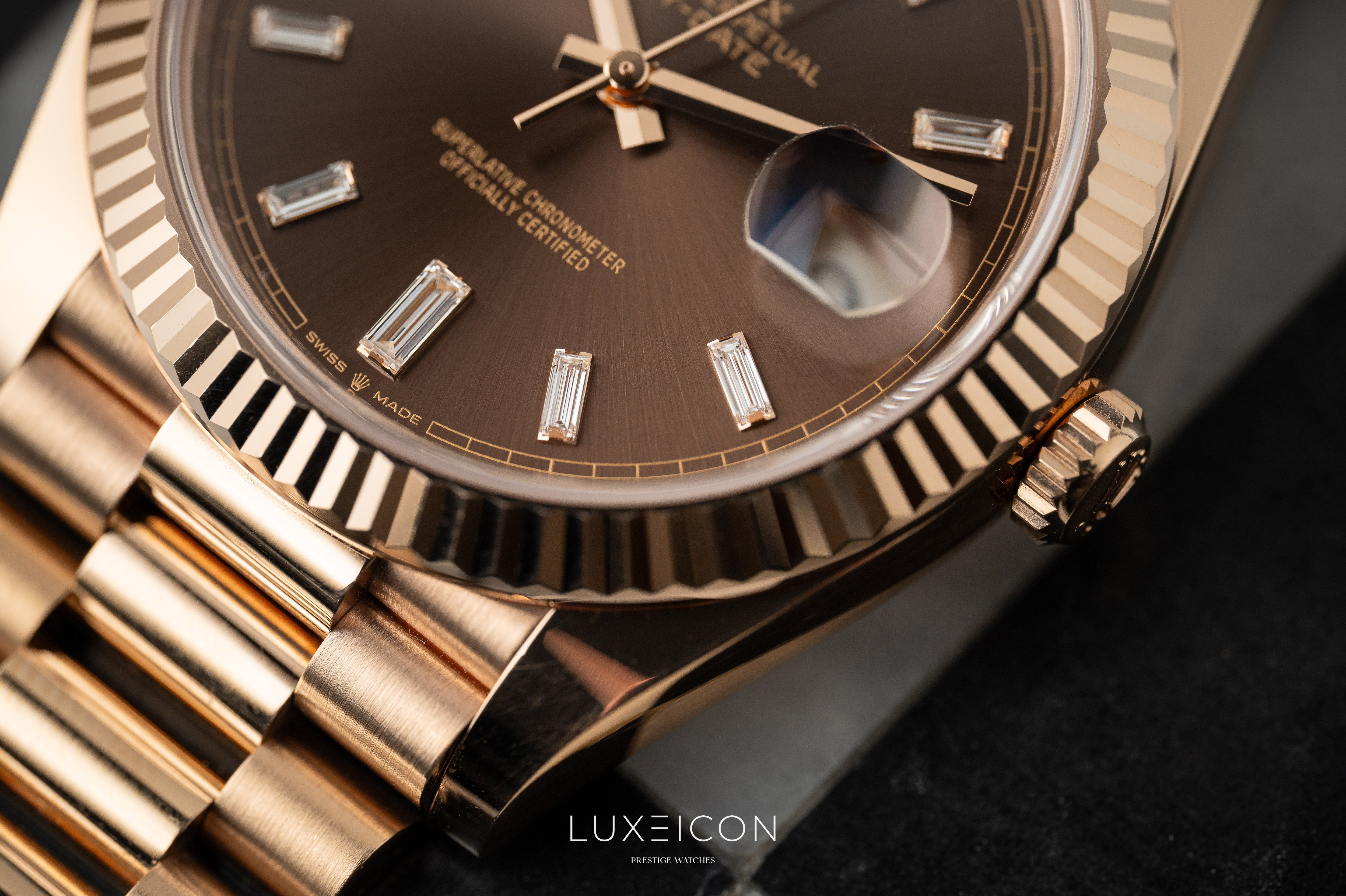 Rolex Day-Date 40 Rose Gold Chocolate Baguette Dial Presidentail 2023