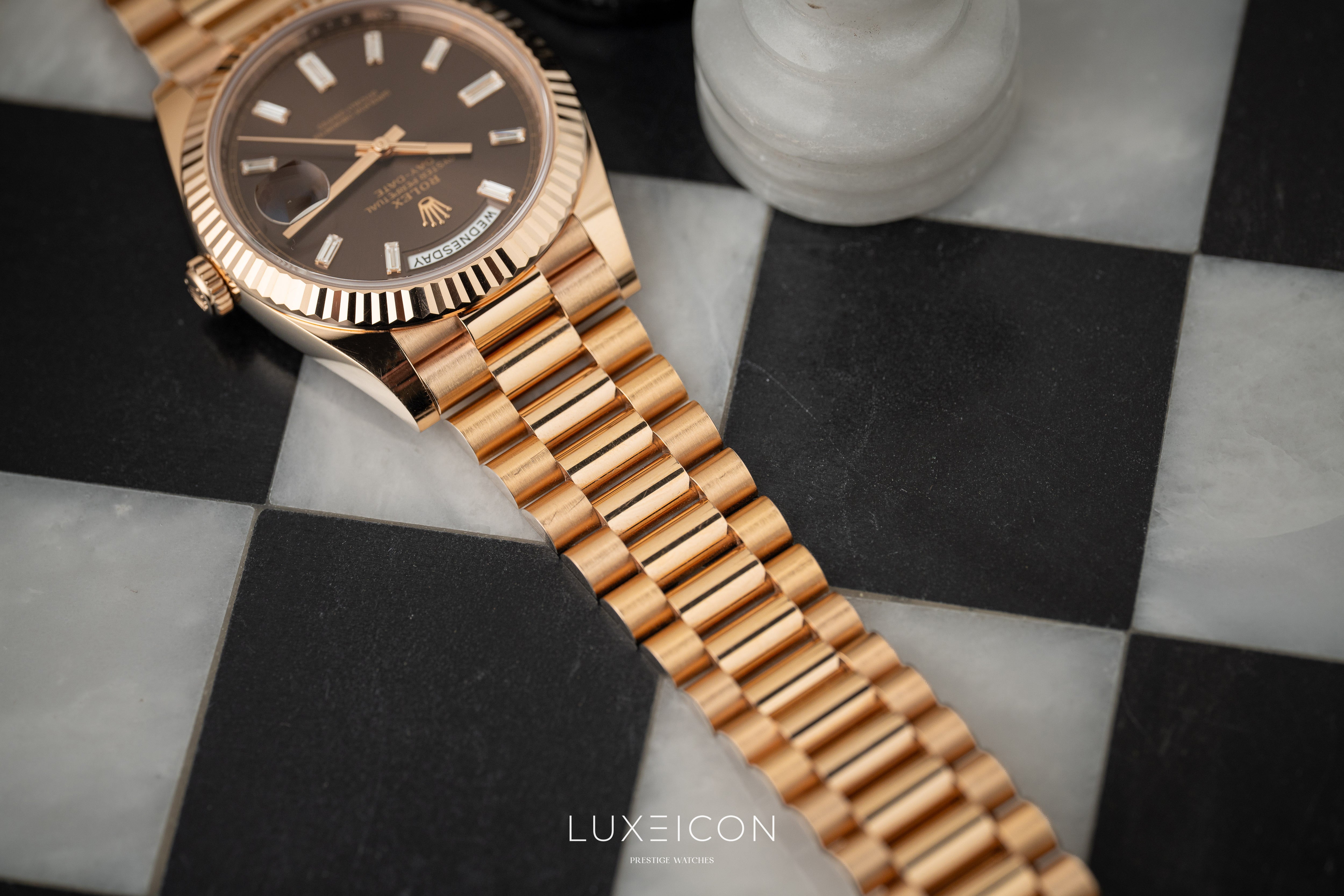 Rolex Day-Date 40 Rose Gold Chocolate Baguette Dial Presidentail 2023