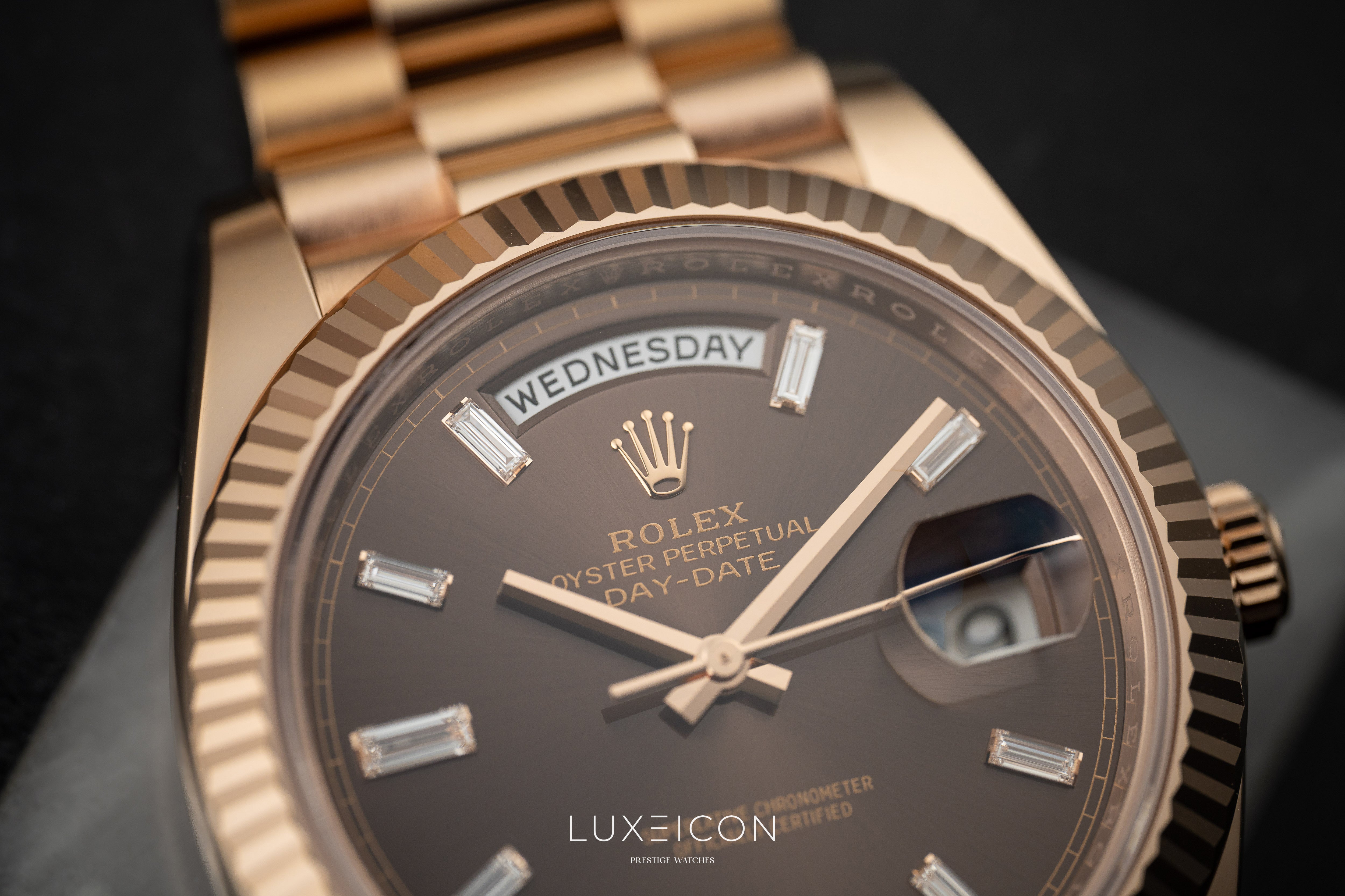 Rolex Day-Date 40 Rose Gold Chocolate Baguette Dial Presidentail 2023
