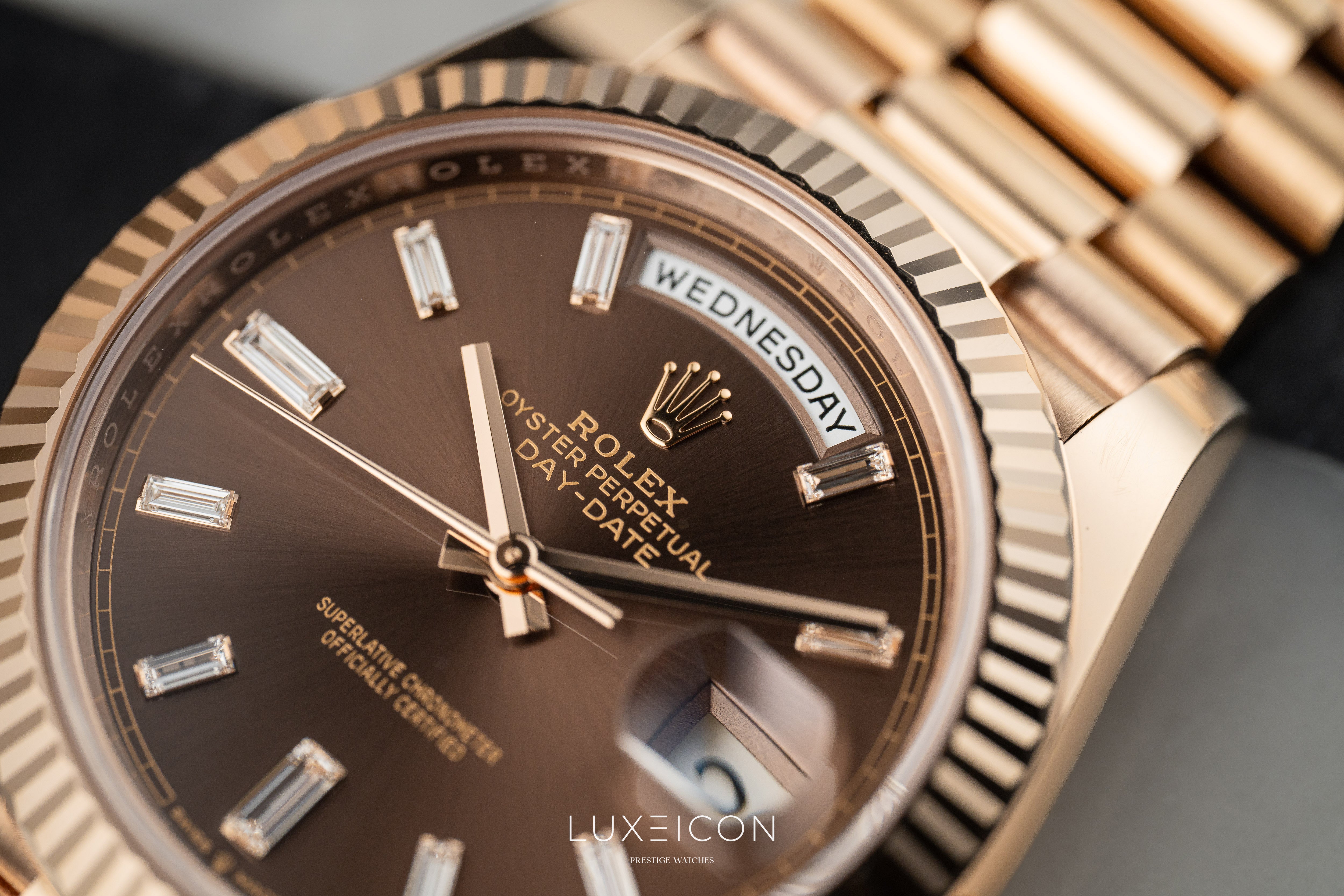 Rolex Day-Date 40 Rose Gold Chocolate Baguette Dial Presidentail 2023