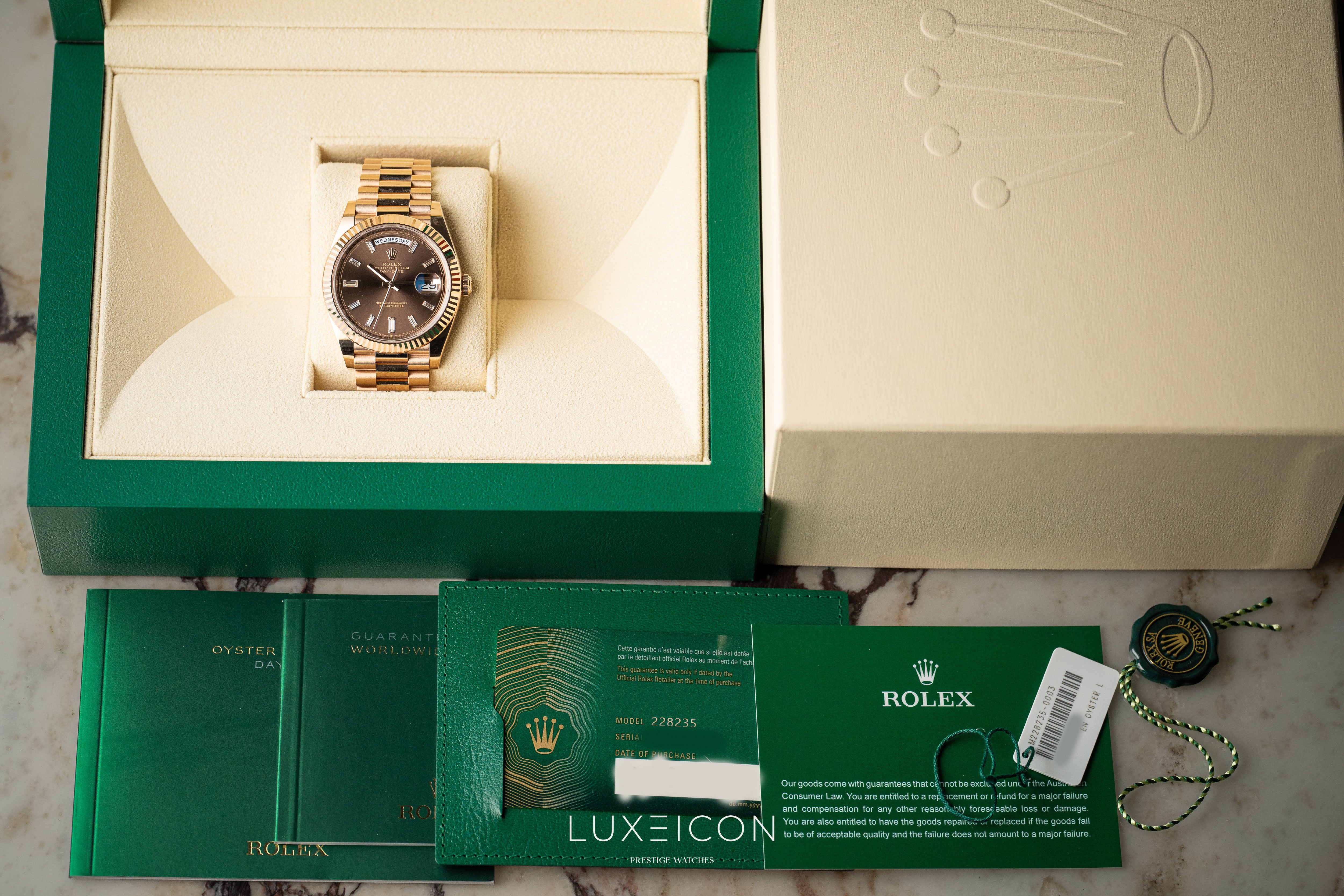 Rolex Day-Date 40 Rose Gold Chocolate Baguette Dial Presidentail 2023