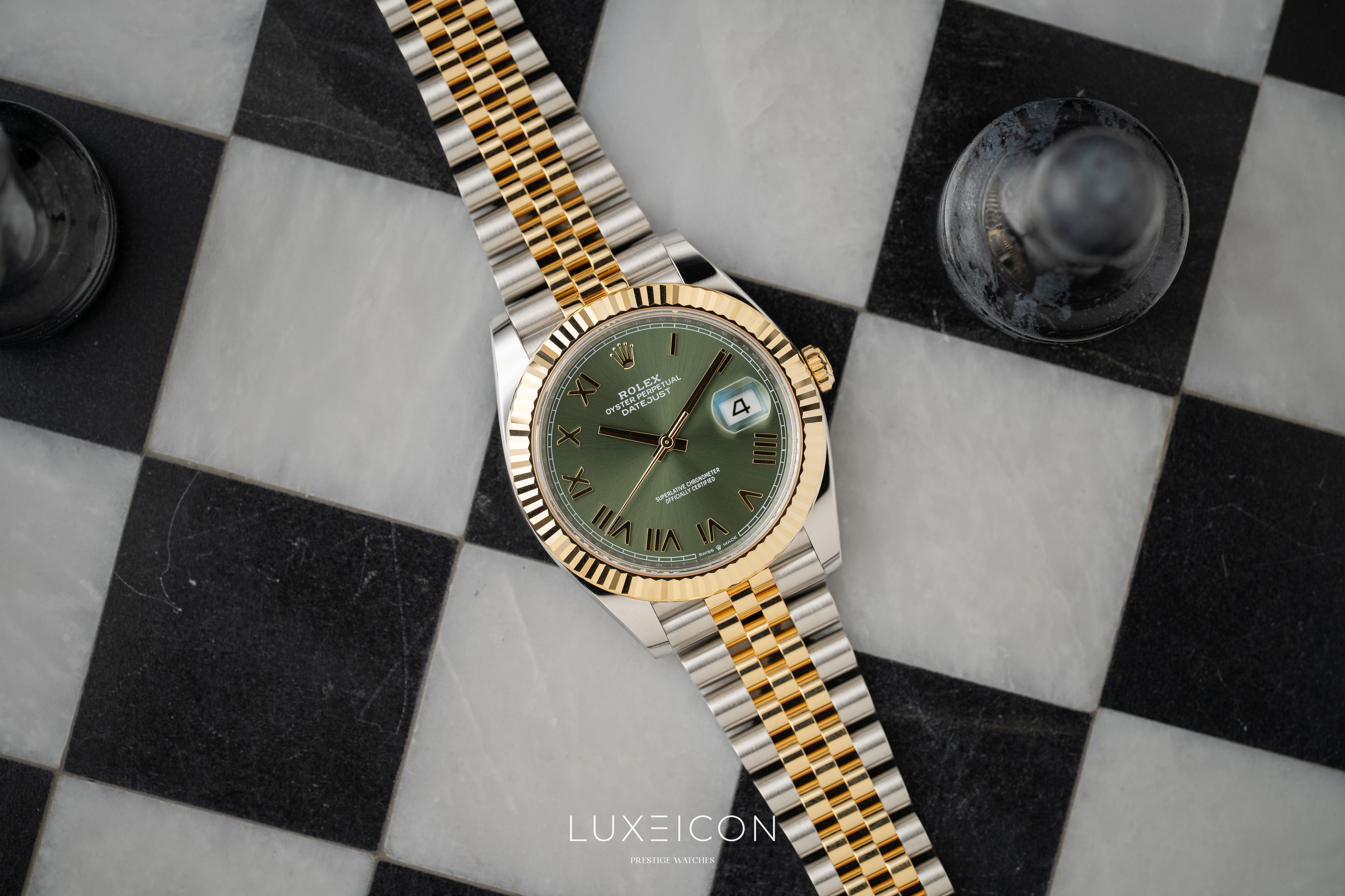 Rolex Datejust 41mm Steel & Yellow Gold Olive Green Roman Dial Fluted Jubilee 126333