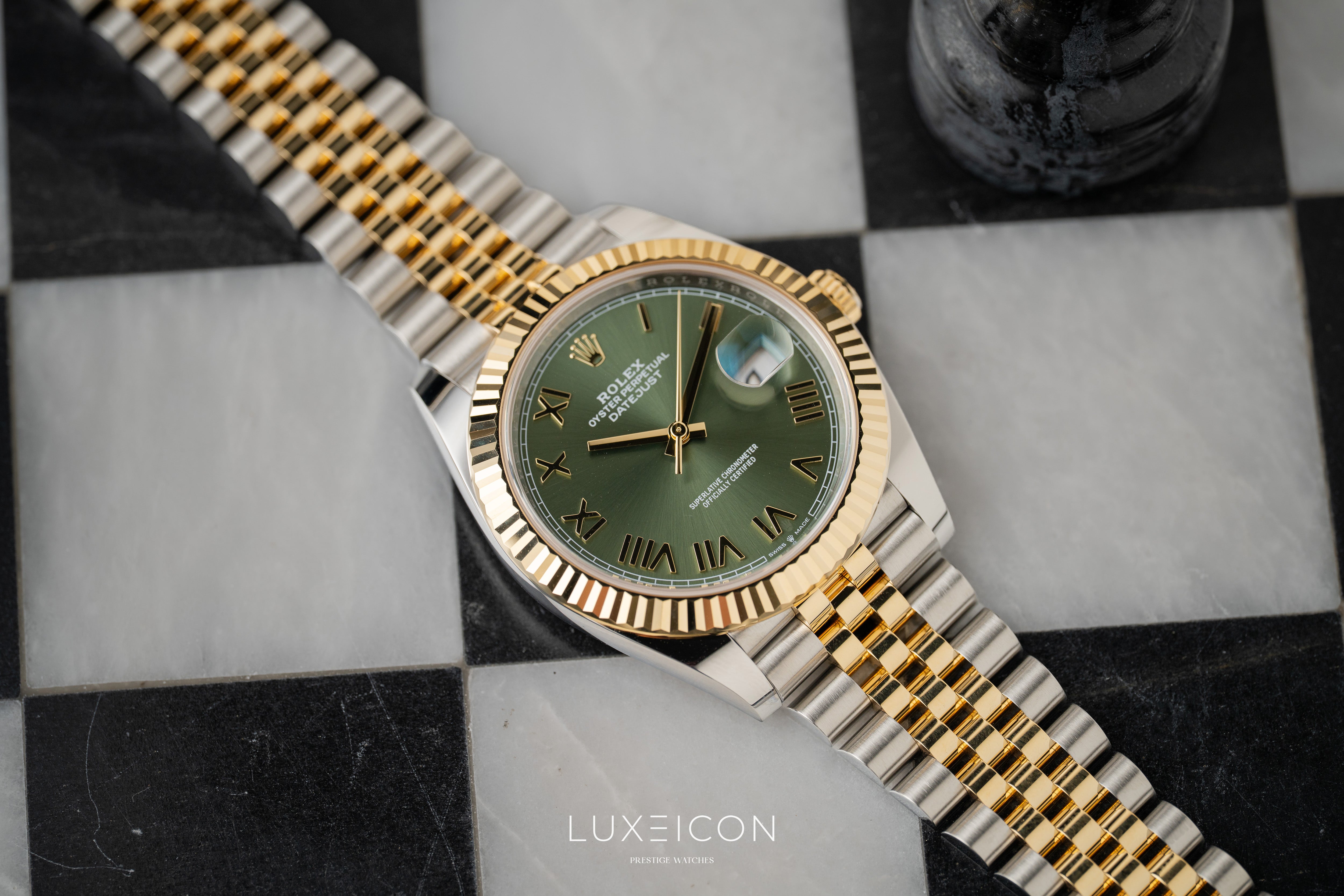 Rolex Datejust 41mm Steel & Yellow Gold Olive Green Roman Dial Fluted Jubilee 126333
