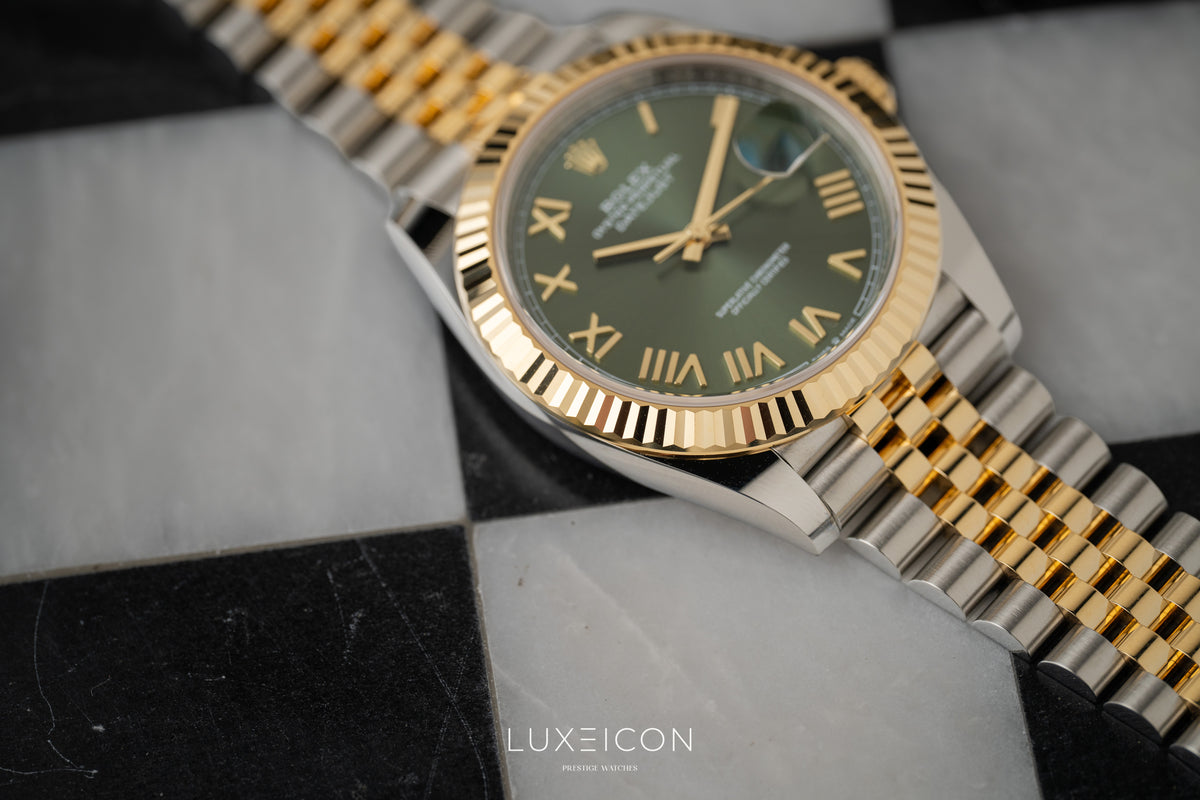 Rolex Datejust 41mm Steel & Yellow Gold Olive Green Roman Dial Fluted Jubilee 126333