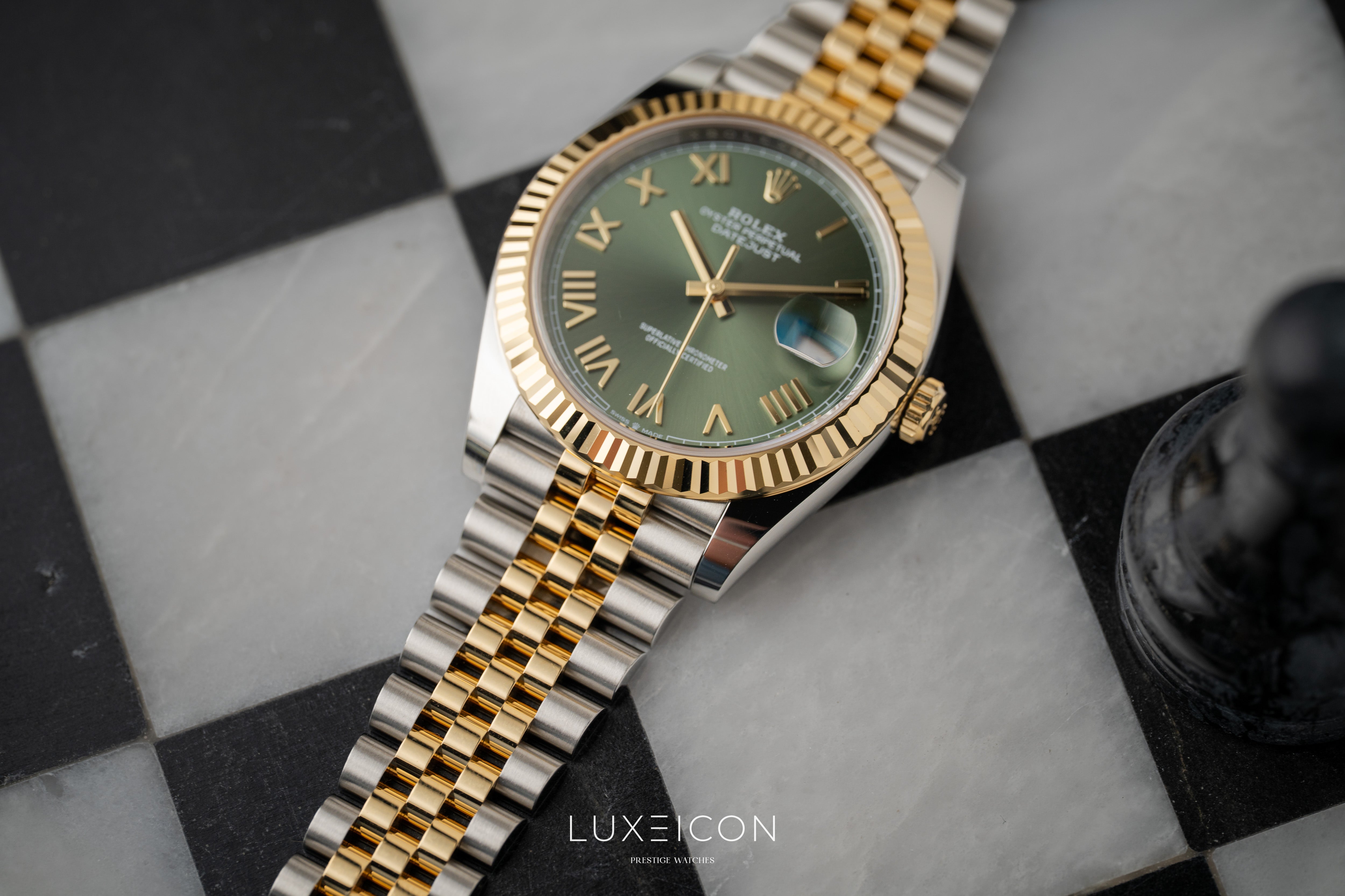 Rolex Datejust 41mm Steel & Yellow Gold Olive Green Roman Dial Fluted Jubilee 126333