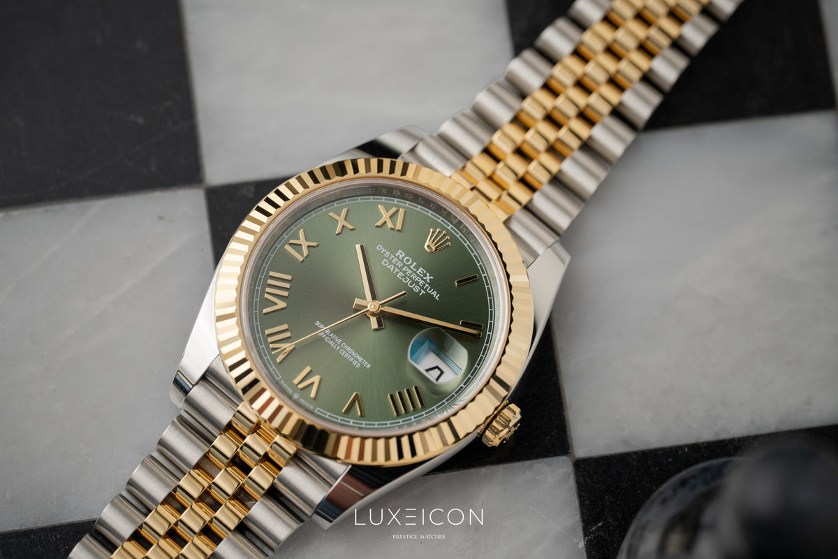 Rolex Datejust 41mm Steel & Yellow Gold Olive Green Roman Dial Fluted Jubilee 126333