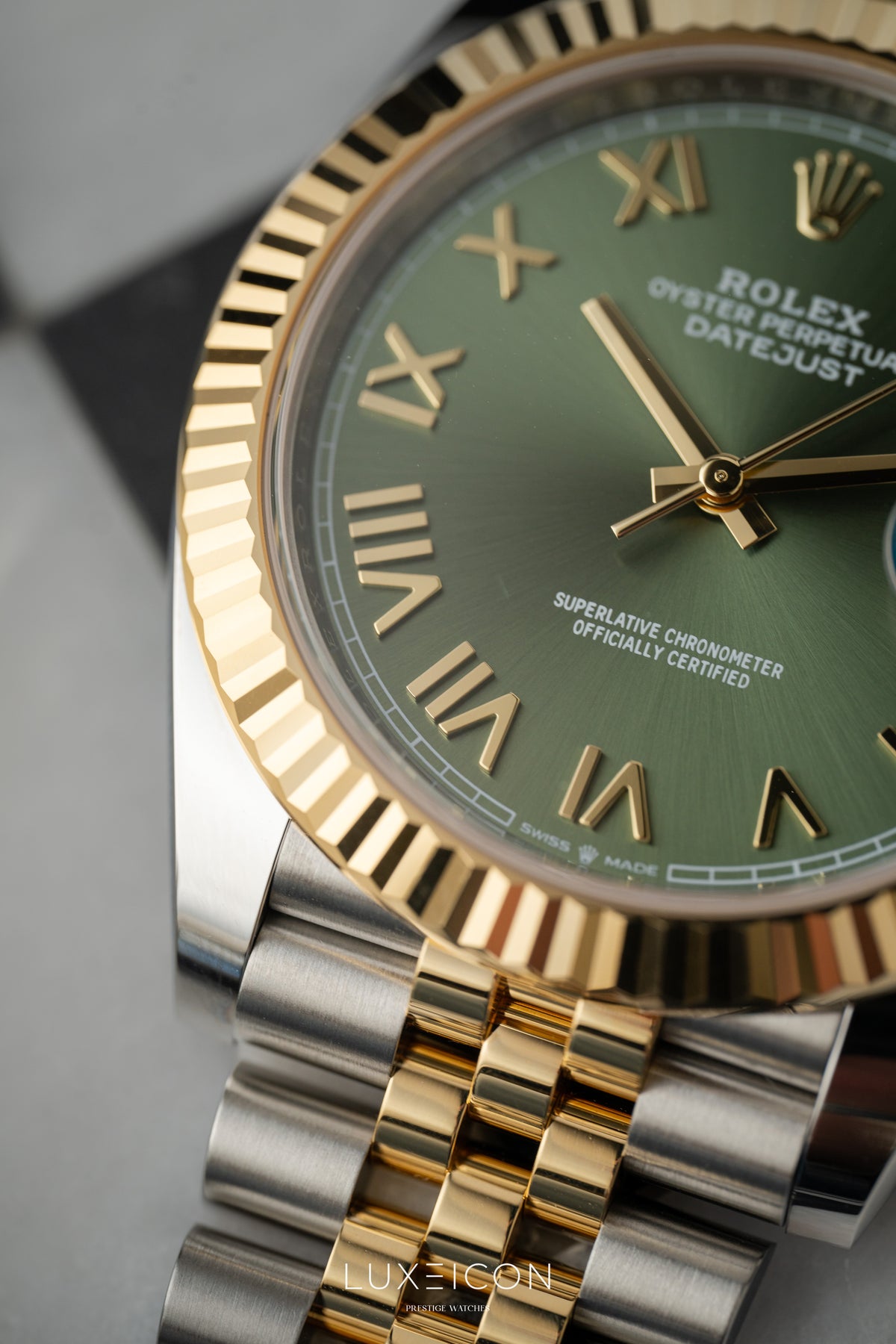 Rolex Datejust 41mm Steel & Yellow Gold Olive Green Roman Dial Fluted Jubilee 126333
