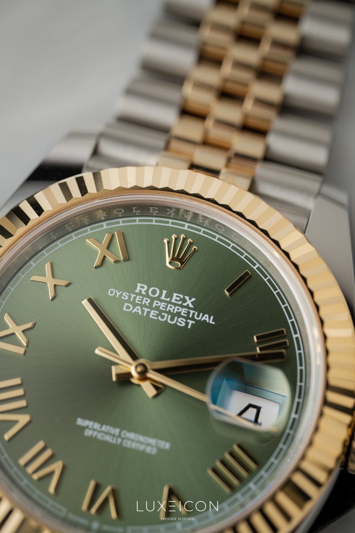 Rolex Datejust 41mm Steel & Yellow Gold Olive Green Roman Dial Fluted Jubilee 126333