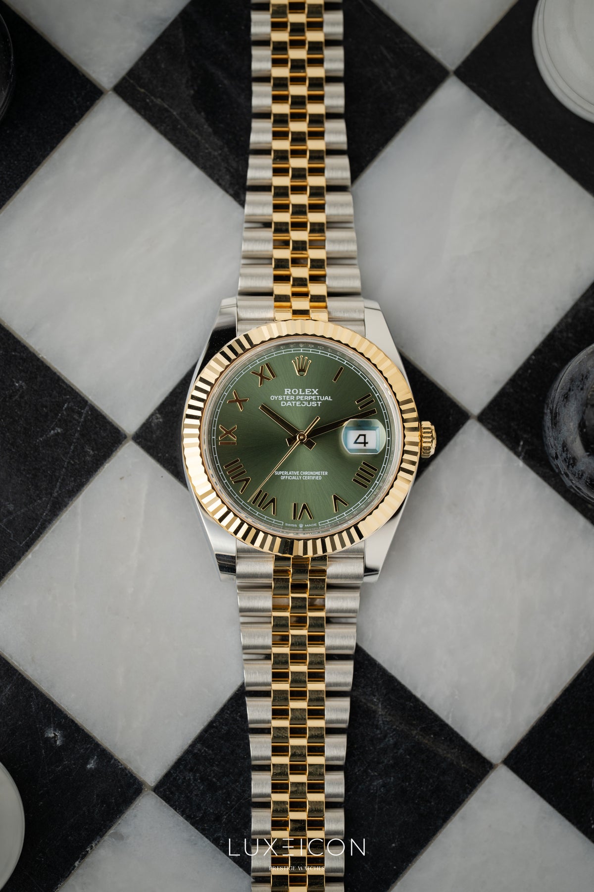 Rolex Datejust 41mm Steel & Yellow Gold Olive Green Roman Dial Fluted Jubilee 126333