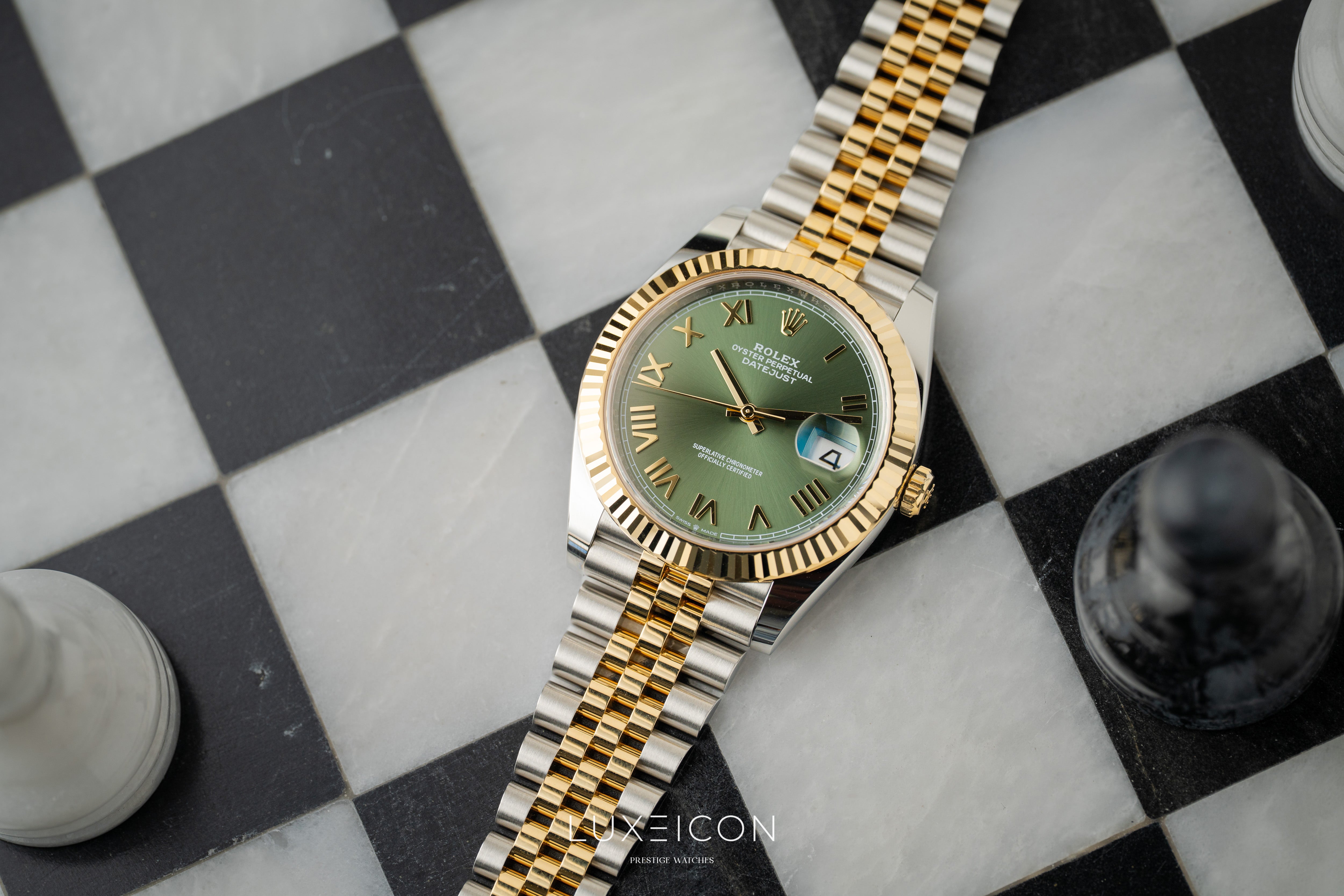 Rolex Datejust 41mm Steel & Yellow Gold Olive Green Roman Dial Fluted Jubilee 126333