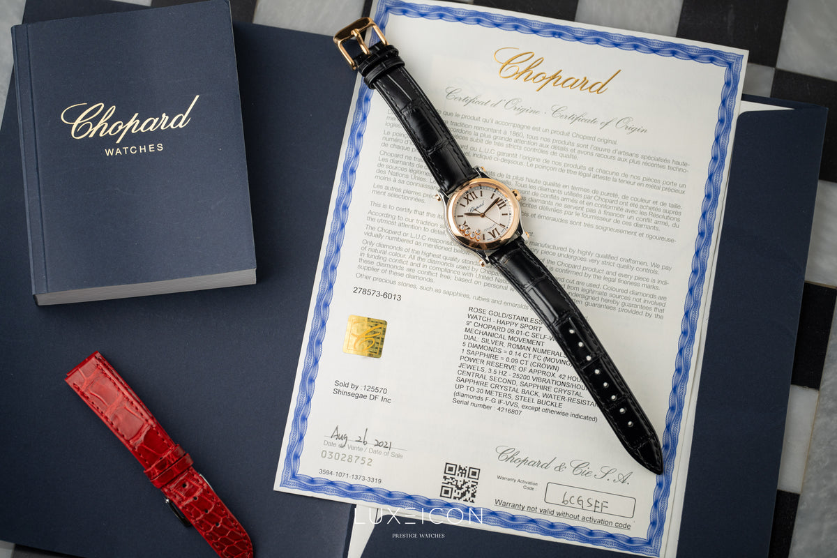 Chopard Happy Sport 30mm automatic ethical rose gold Lucent Steel diamonds