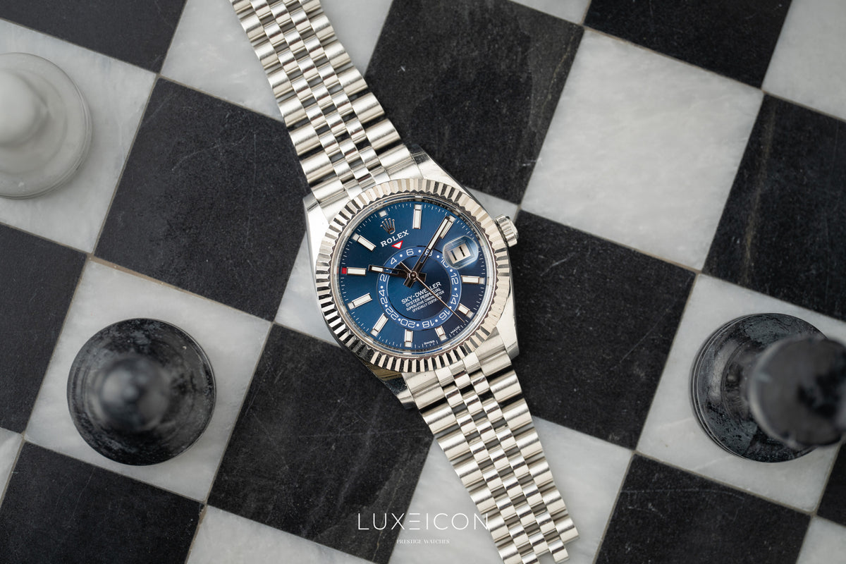 Rolex Sky-Dweller Stainless Steel Blue Dial Jubilee 326934 White Gold Fluted Bezel