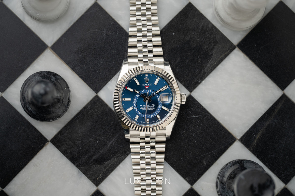 Rolex Sky-Dweller Stainless Steel Blue Dial Jubilee 326934 White Gold Fluted Bezel